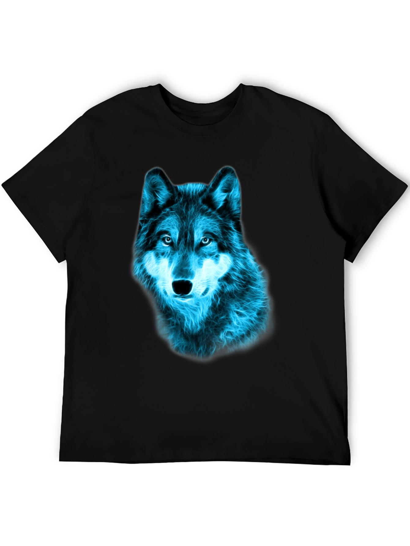 Neon Blue Wolf Graphic Tee - Black Cotton T-Shirt