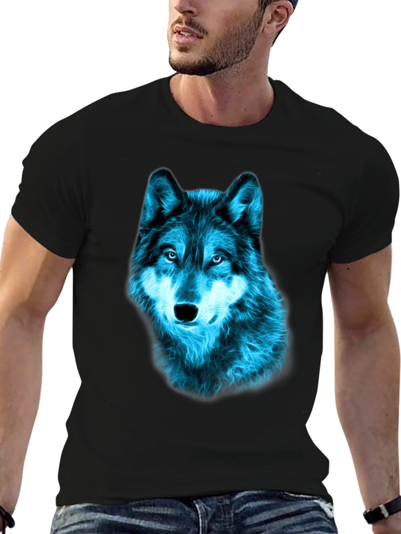 Neon Blue Wolf Graphic Tee - Black Cotton T-Shirt