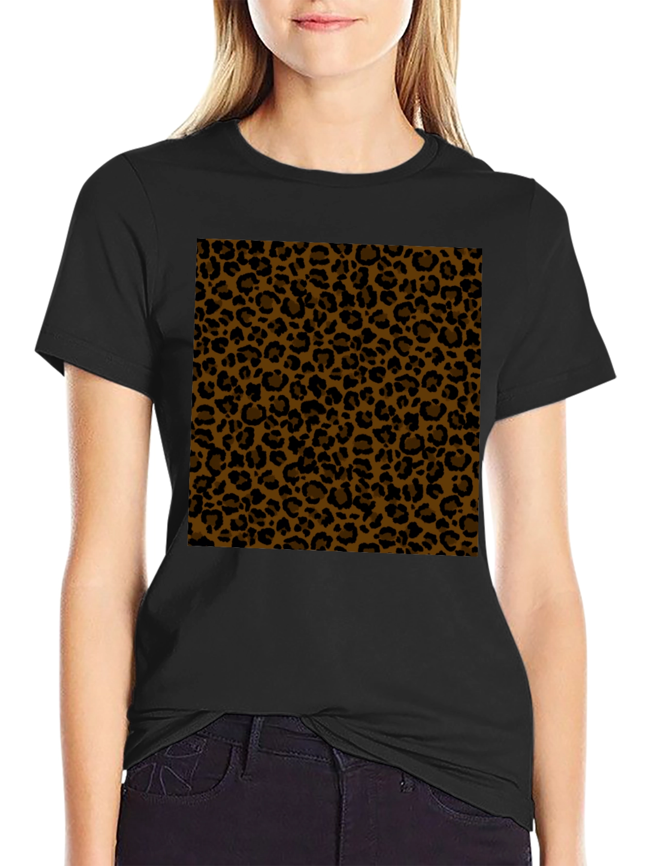 Black Tee with Leopard Print Panel