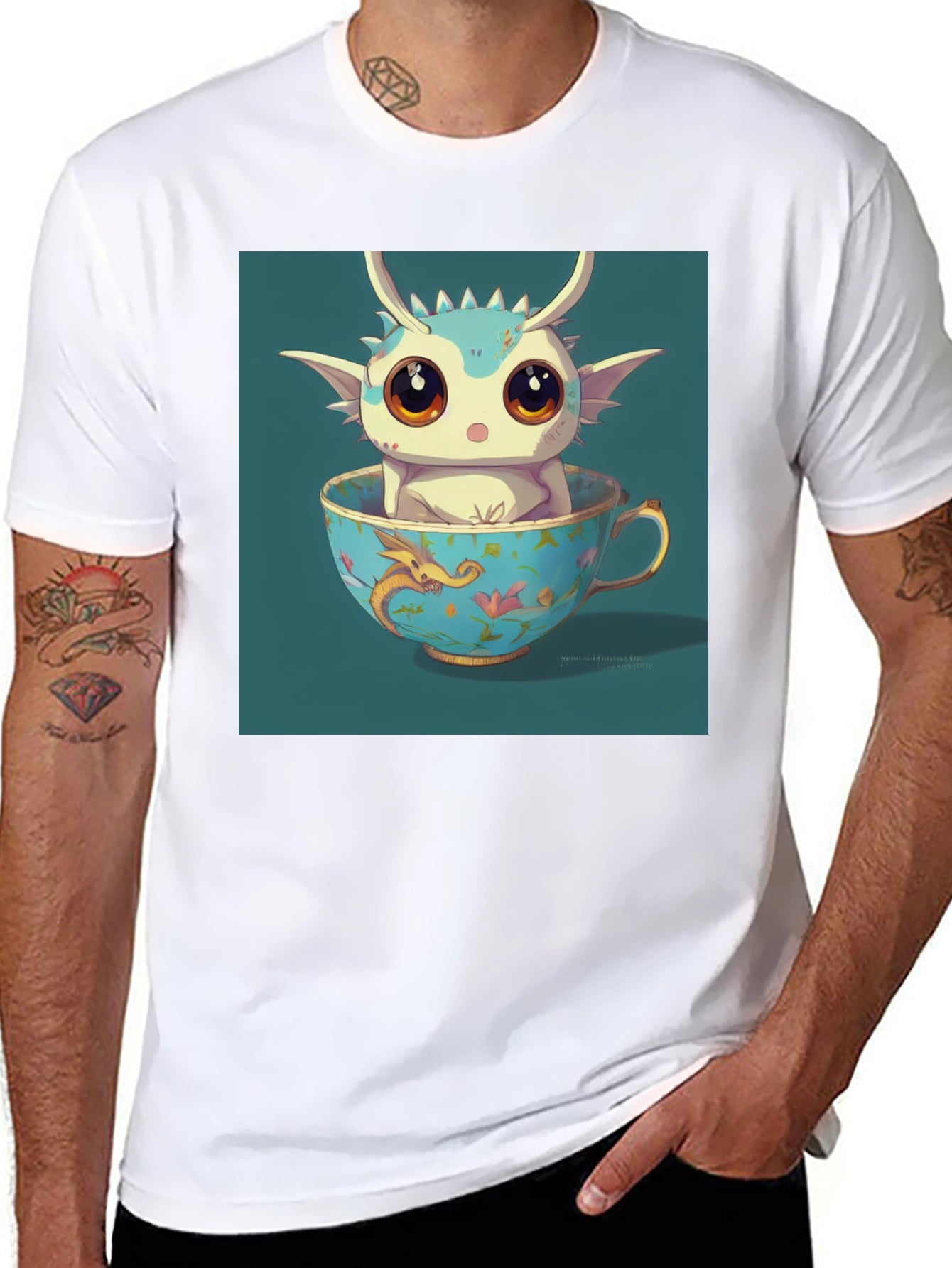 Cute Dragon in Teacup Graphic Tee - Black