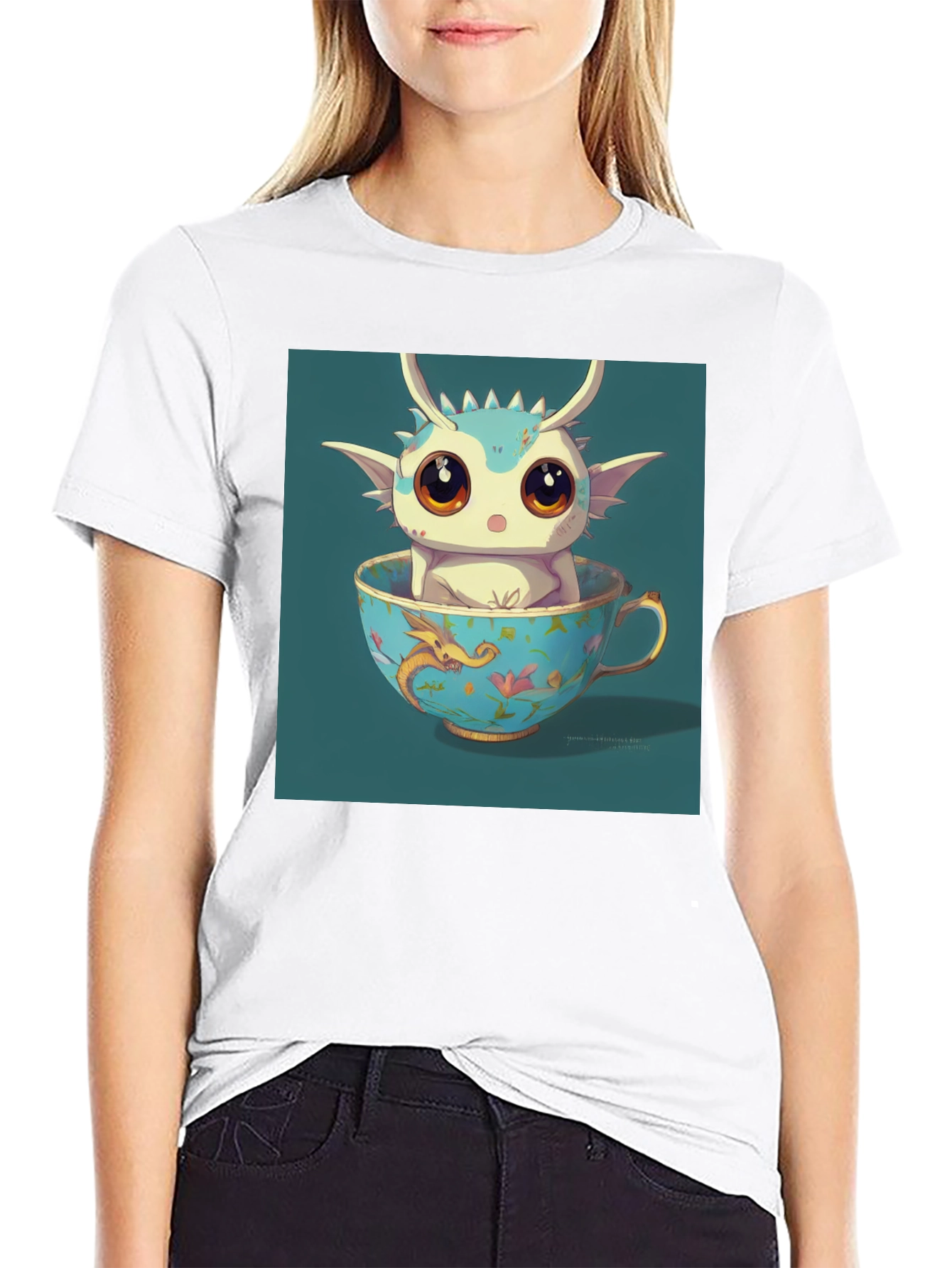 Cute Dragon in Teacup Graphic Tee - Black
