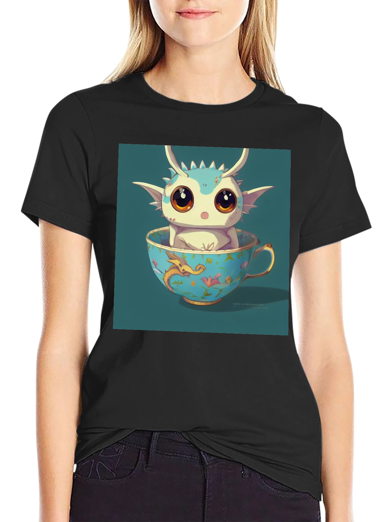 Cute Dragon in Teacup Graphic Tee - Black