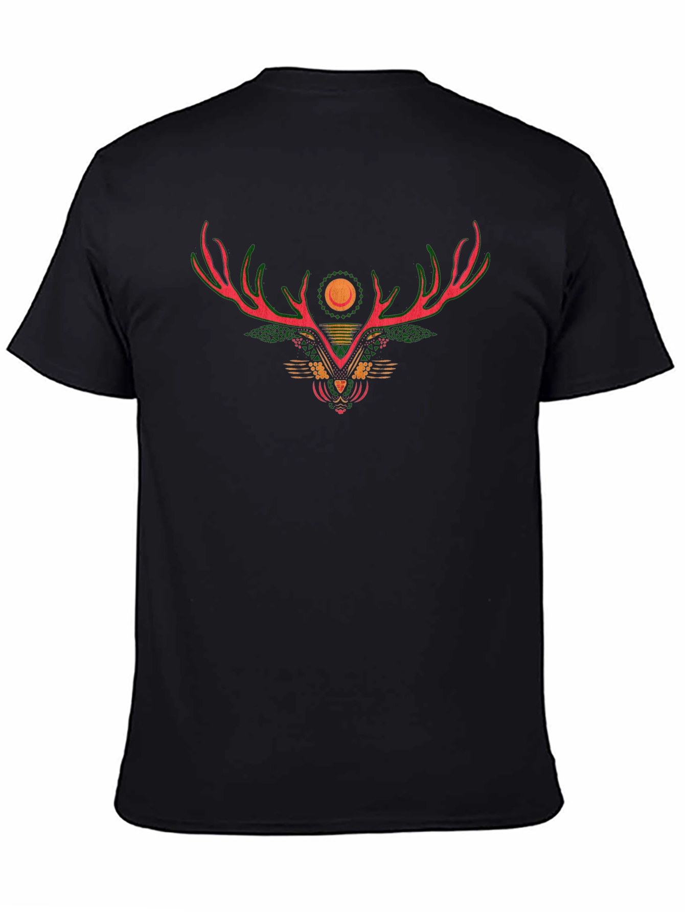 Geometric Deer Antler Graphic Black T-Shirt