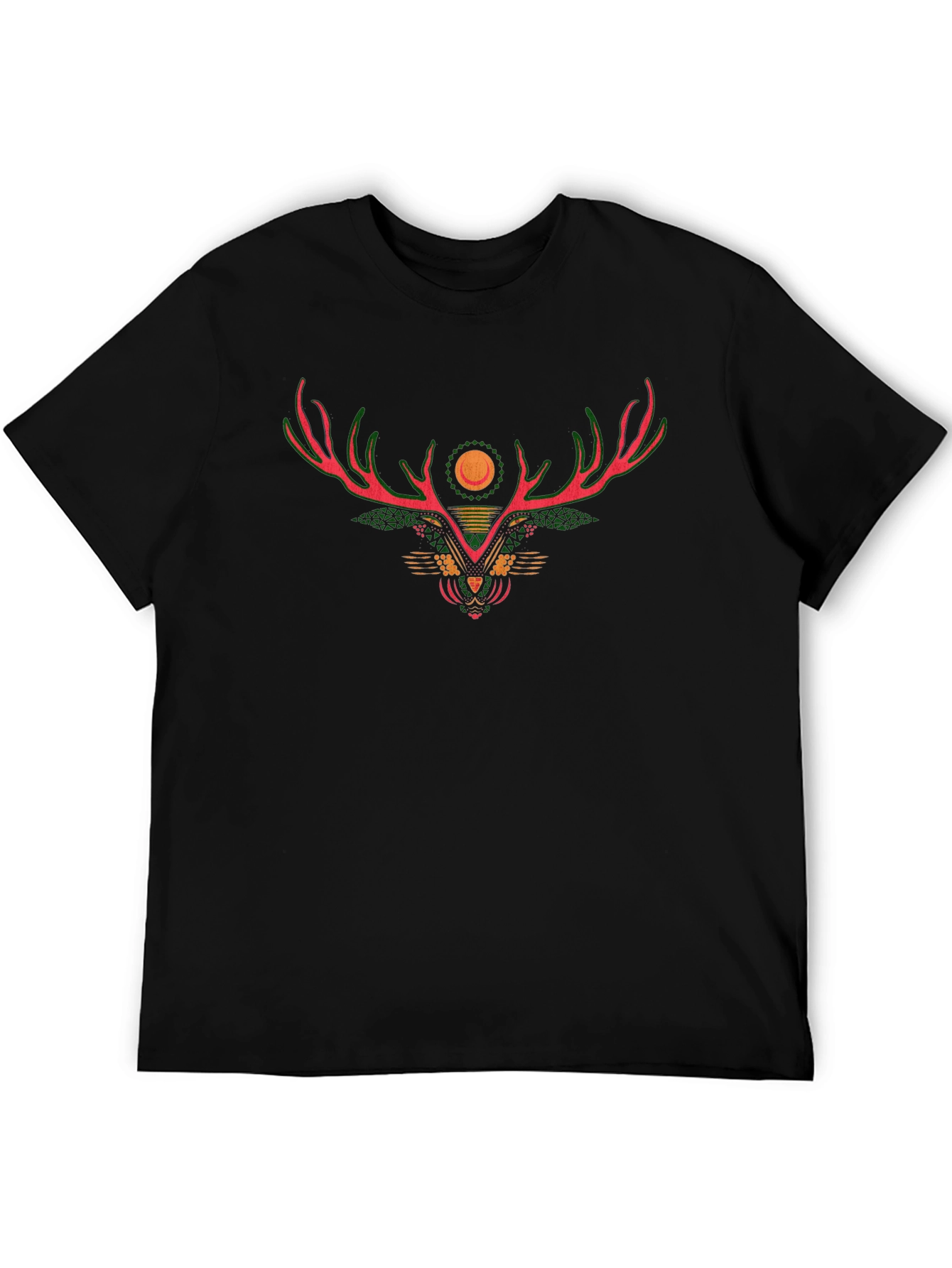 Geometric Deer Antler Graphic Black T-Shirt