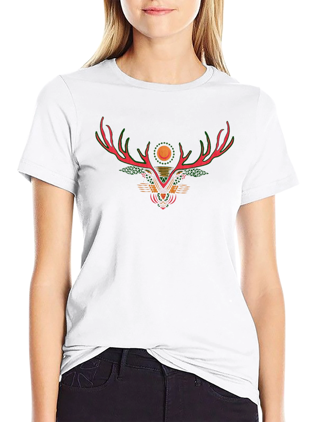 Geometric Deer Antler Graphic Black T-Shirt