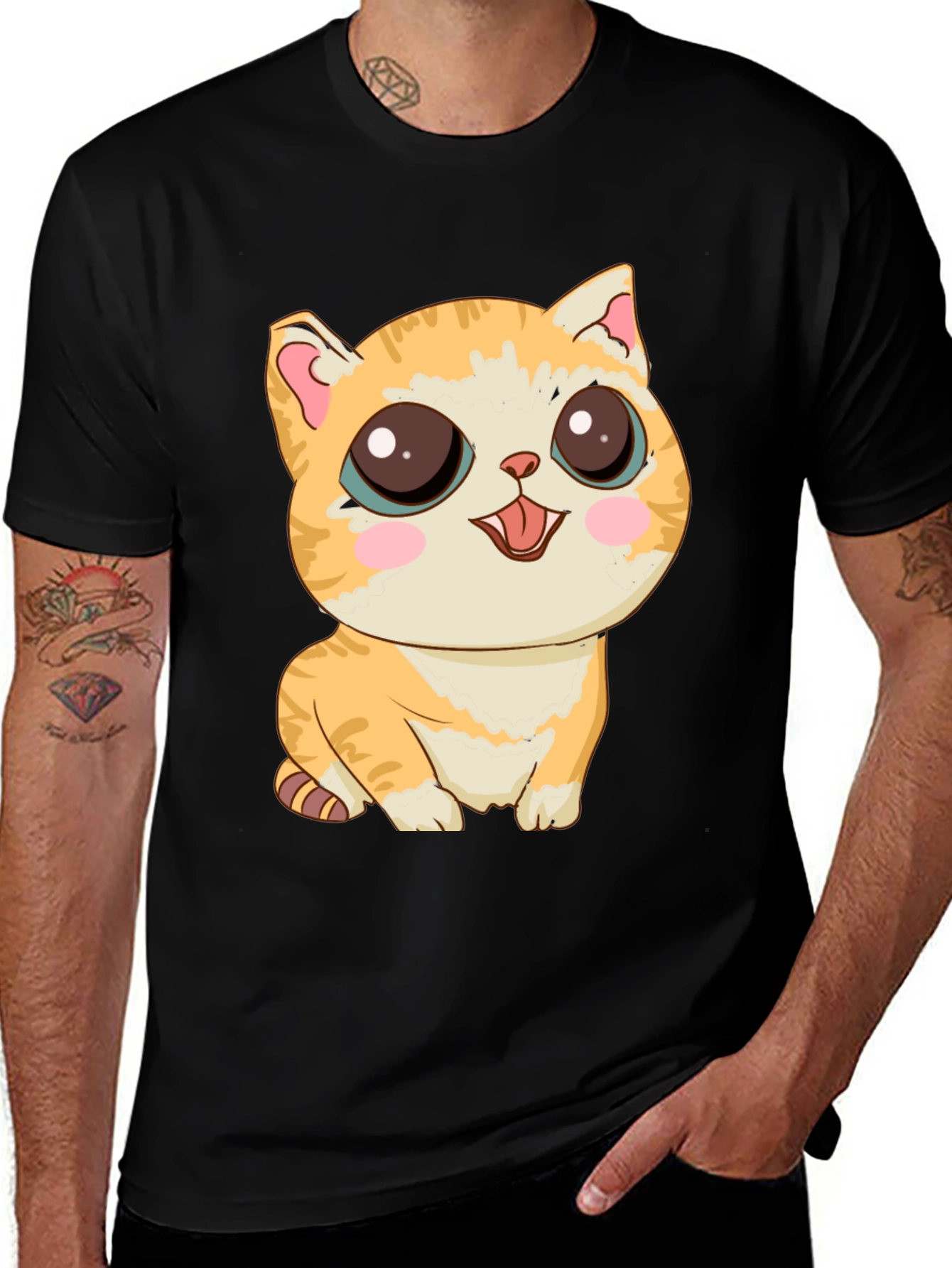 Cute Cartoon Cat Graphic T-Shirt - Black