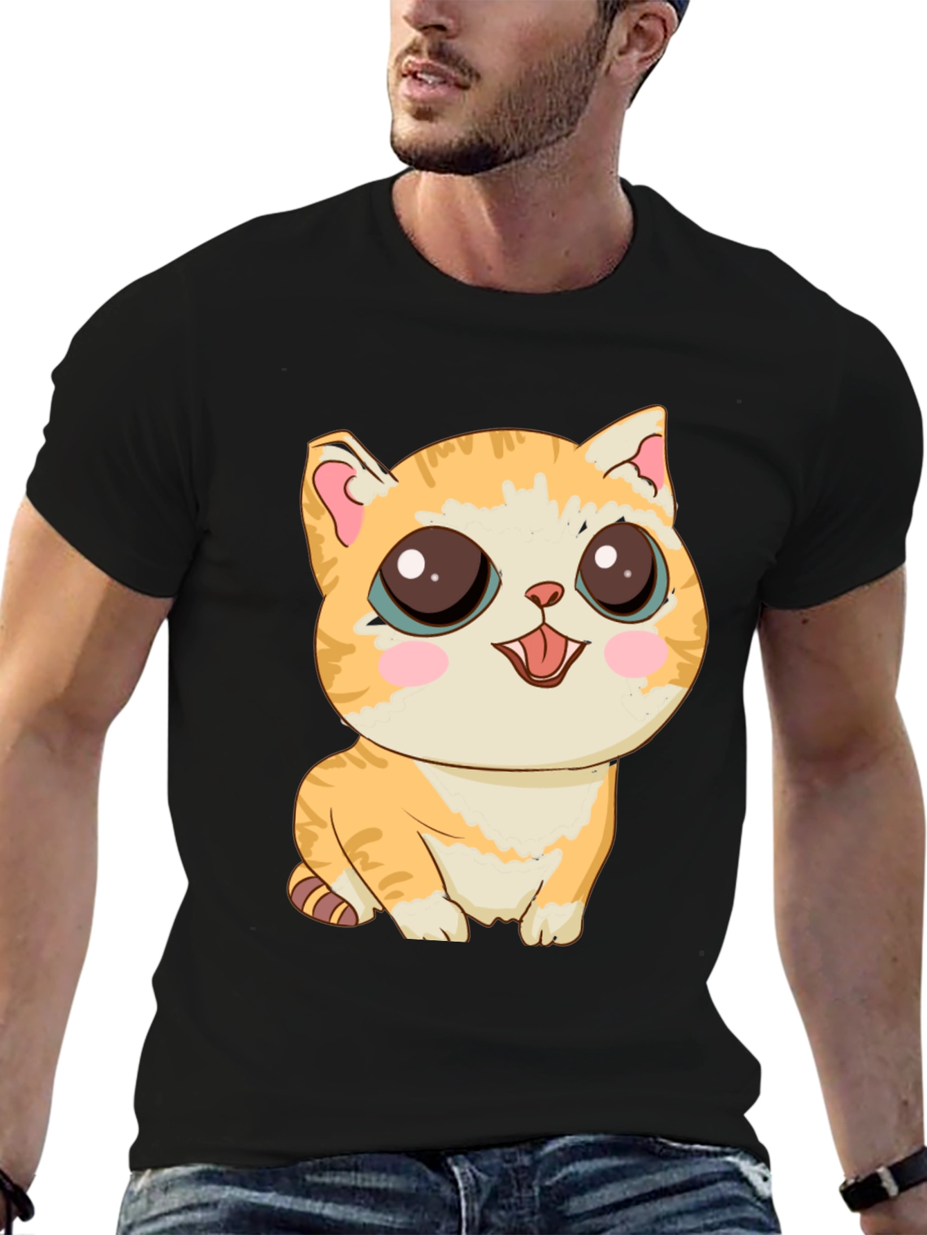 Cute Cartoon Cat Graphic T-Shirt - Black