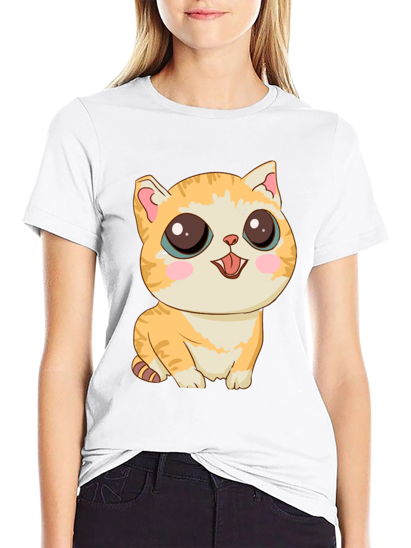 Cute Cartoon Cat Graphic T-Shirt - Black