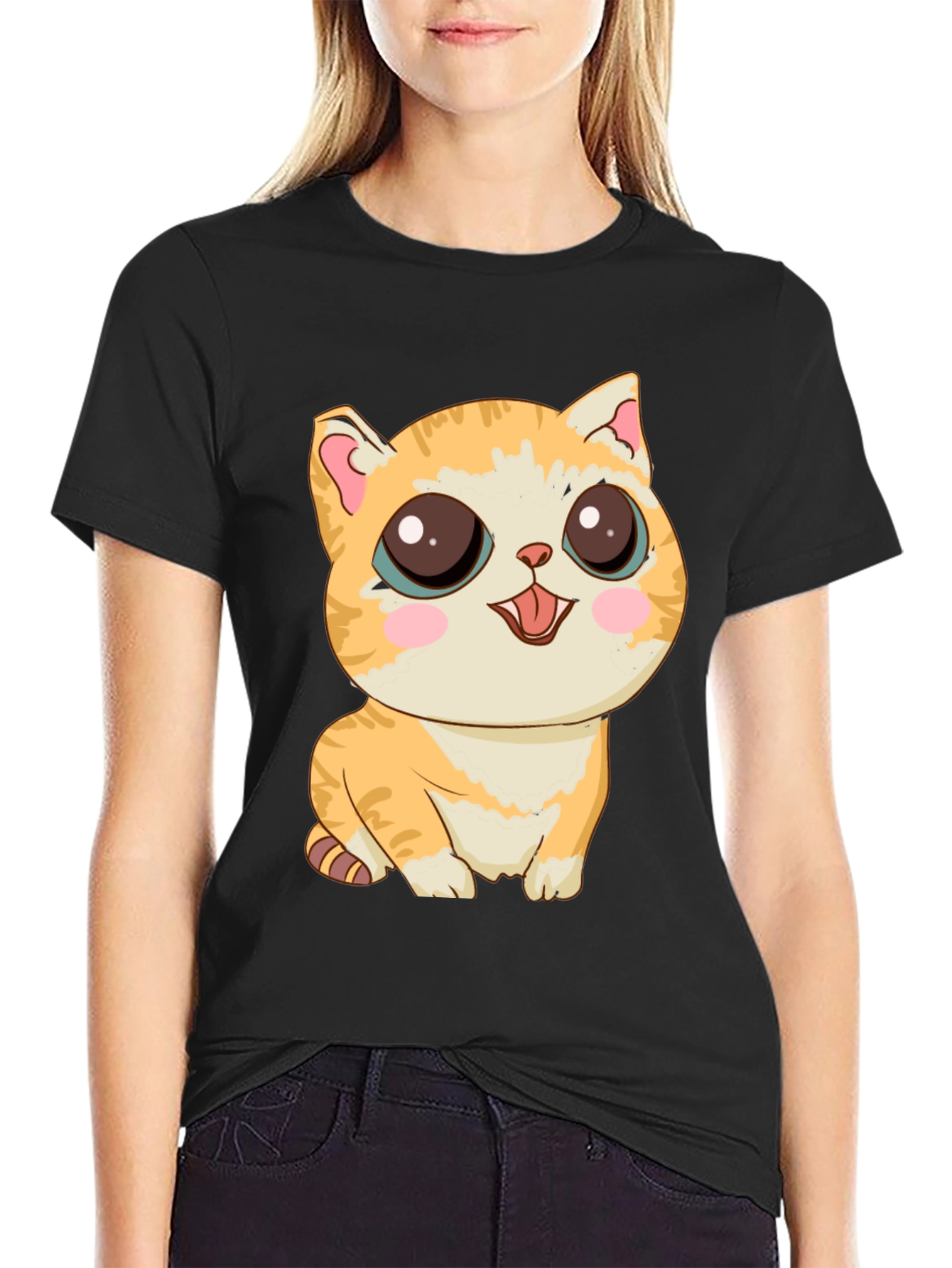 Cute Cartoon Cat Graphic T-Shirt - Black