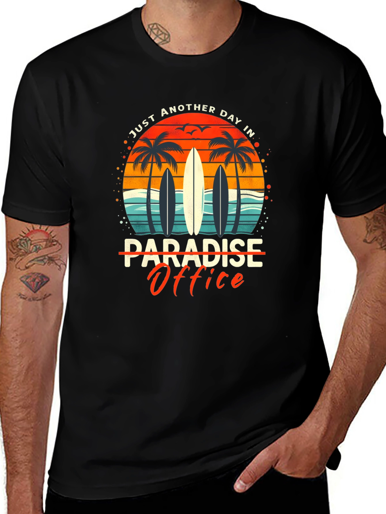 Paradise Office Graphic T-Shirt - Beach Surfboard Design