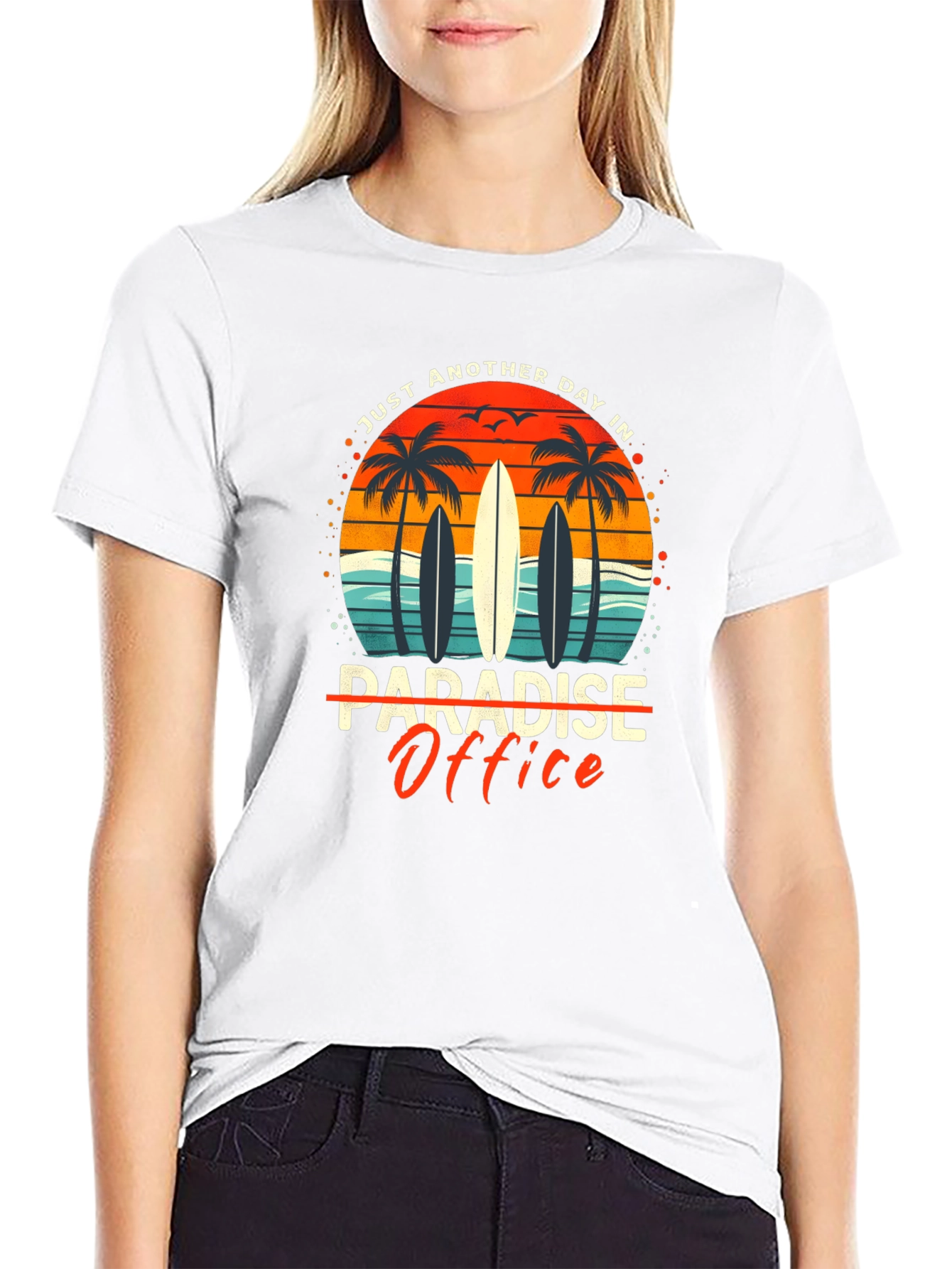 Paradise Office Graphic T-Shirt - Beach Surfboard Design