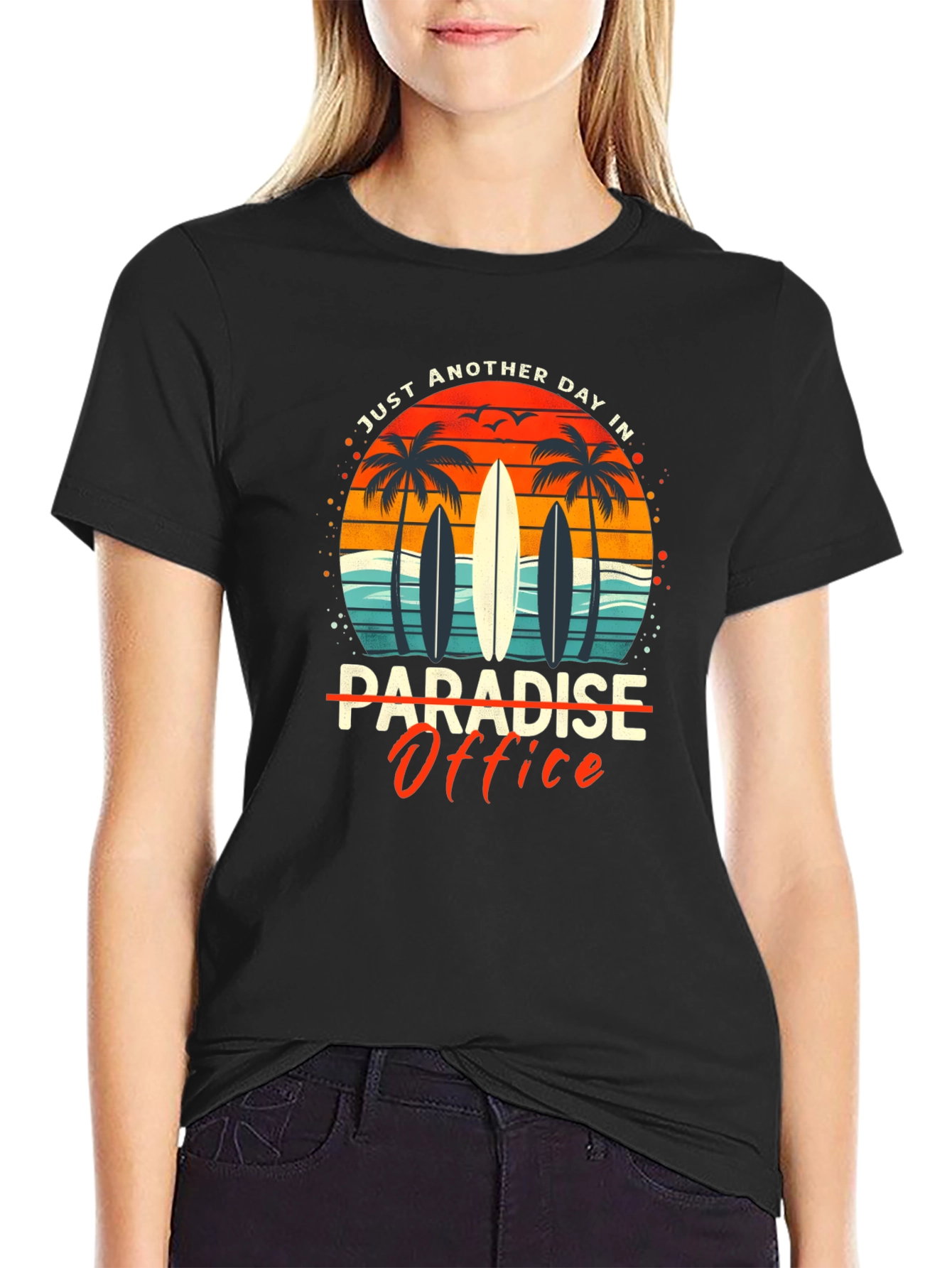 Paradise Office Graphic T-Shirt - Beach Surfboard Design