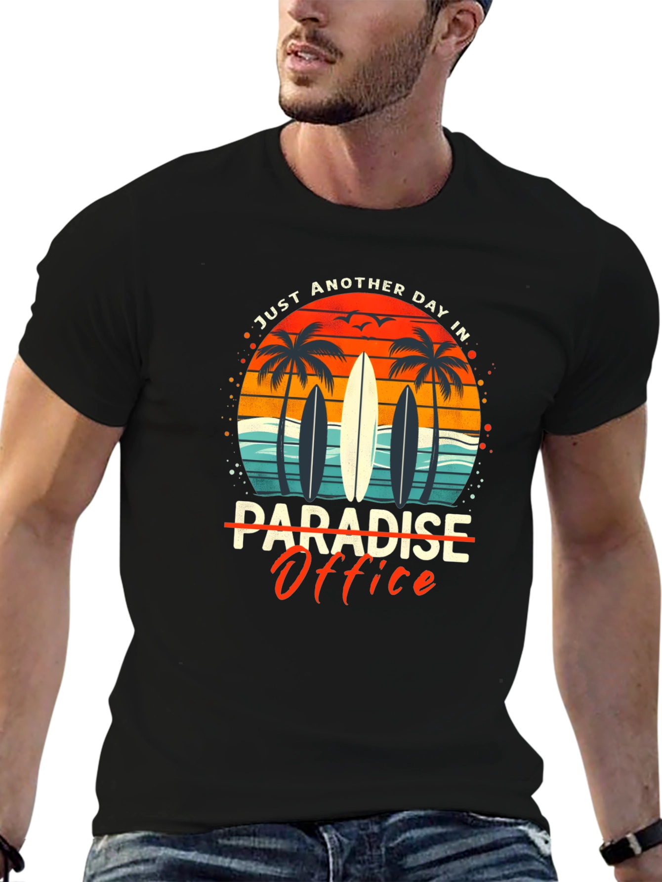Paradise Office Graphic T-Shirt - Beach Surfboard Design