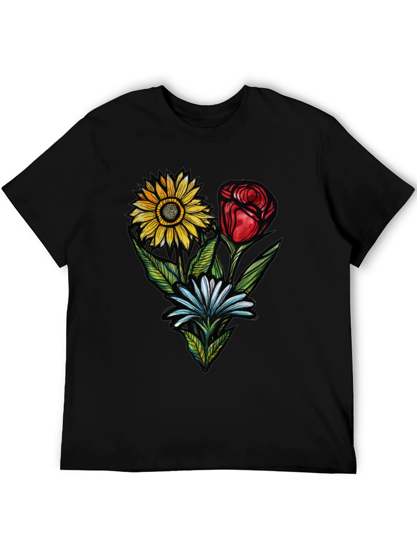 Floral Trio Black T-Shirt - Stylish Graphic Tee