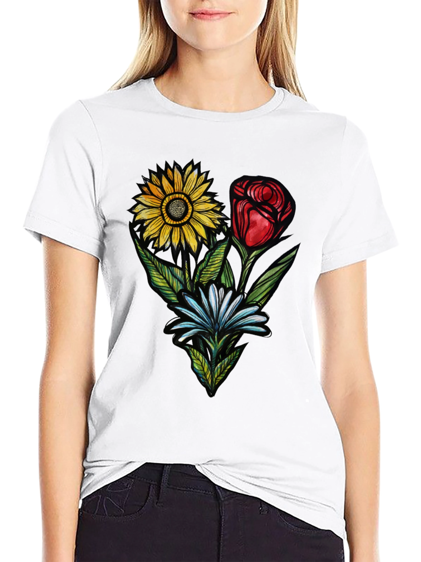 Floral Trio Black T-Shirt - Stylish Graphic Tee