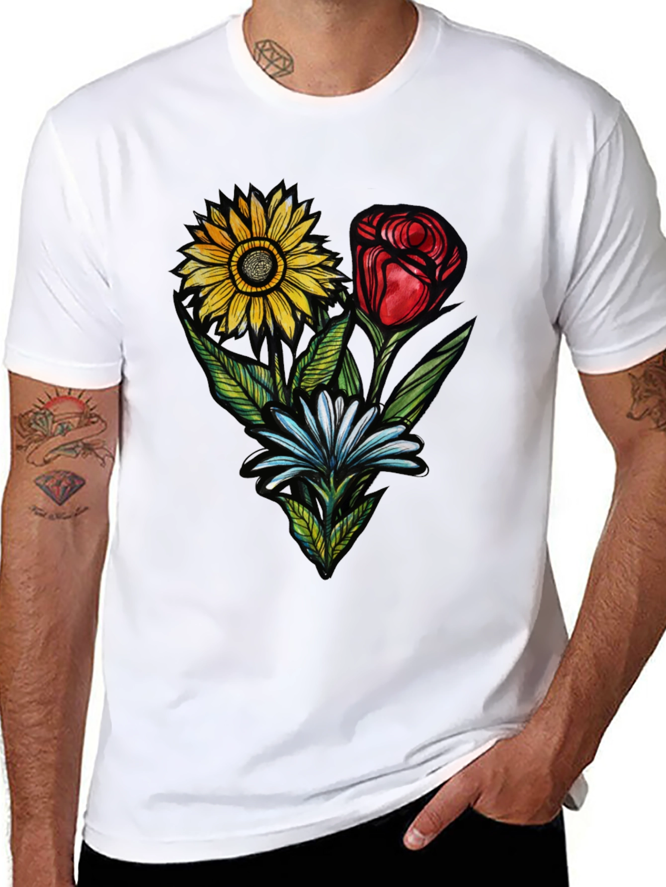 Floral Trio Black T-Shirt - Stylish Graphic Tee