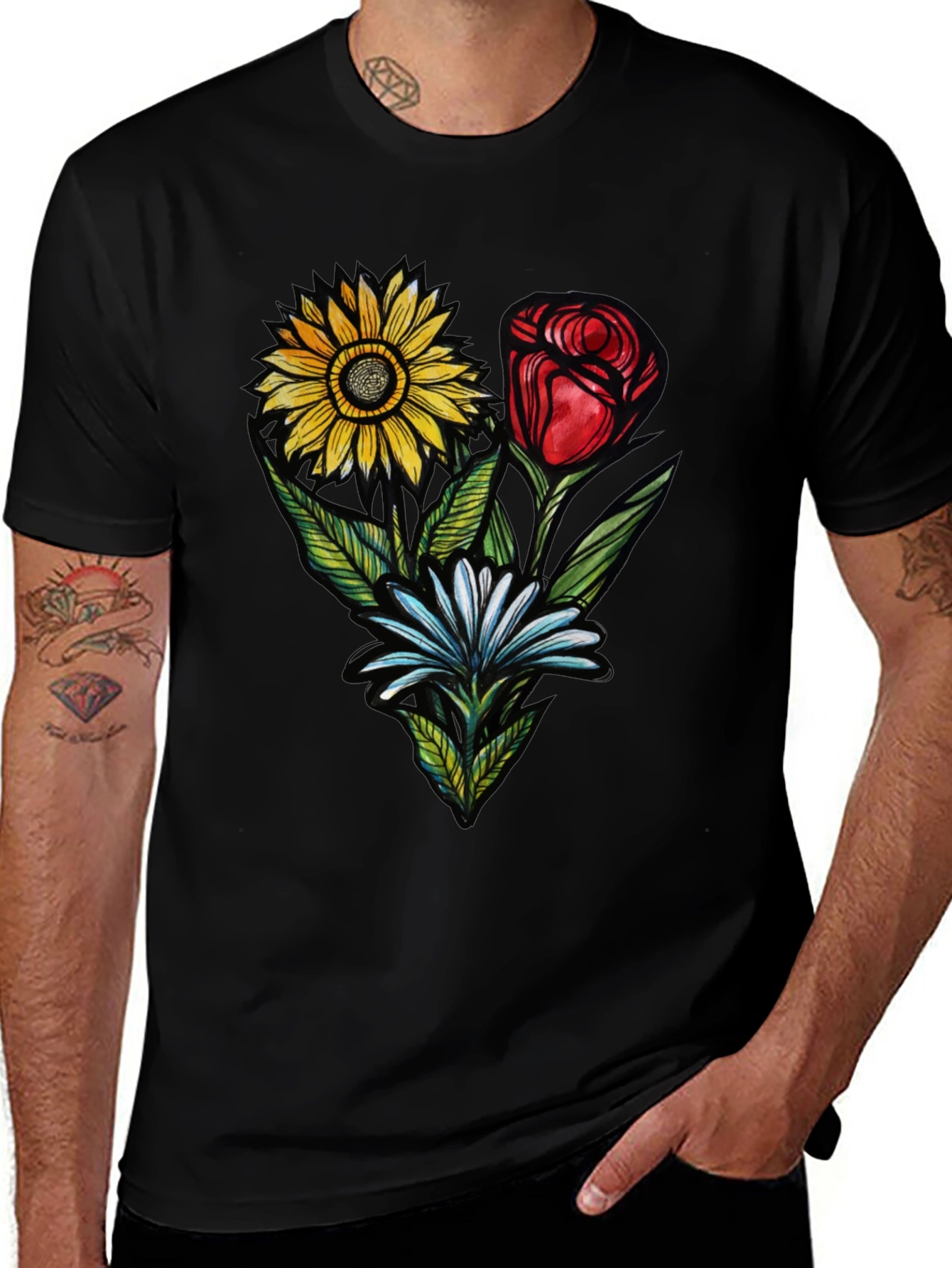 Floral Trio Black T-Shirt - Stylish Graphic Tee