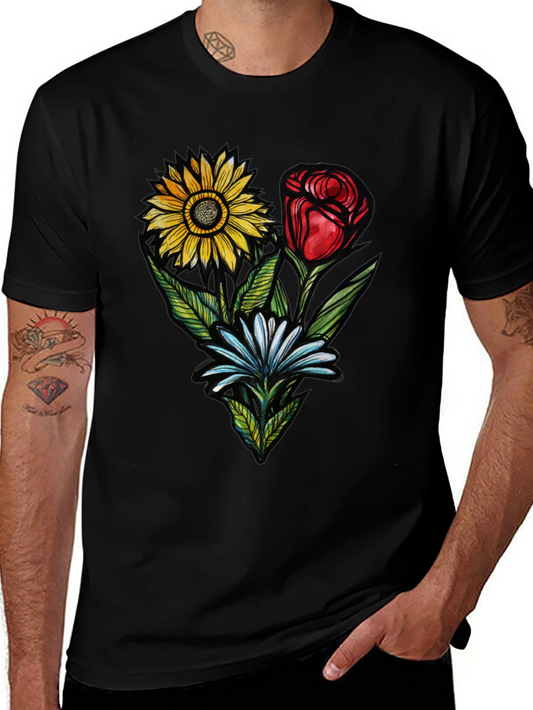 Floral Trio Black T-Shirt - Stylish Graphic Tee