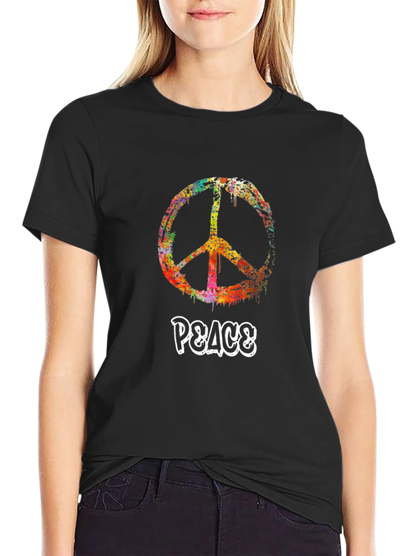 Peace Sign Graphic Tee - Black Cotton Casual T-Shirt