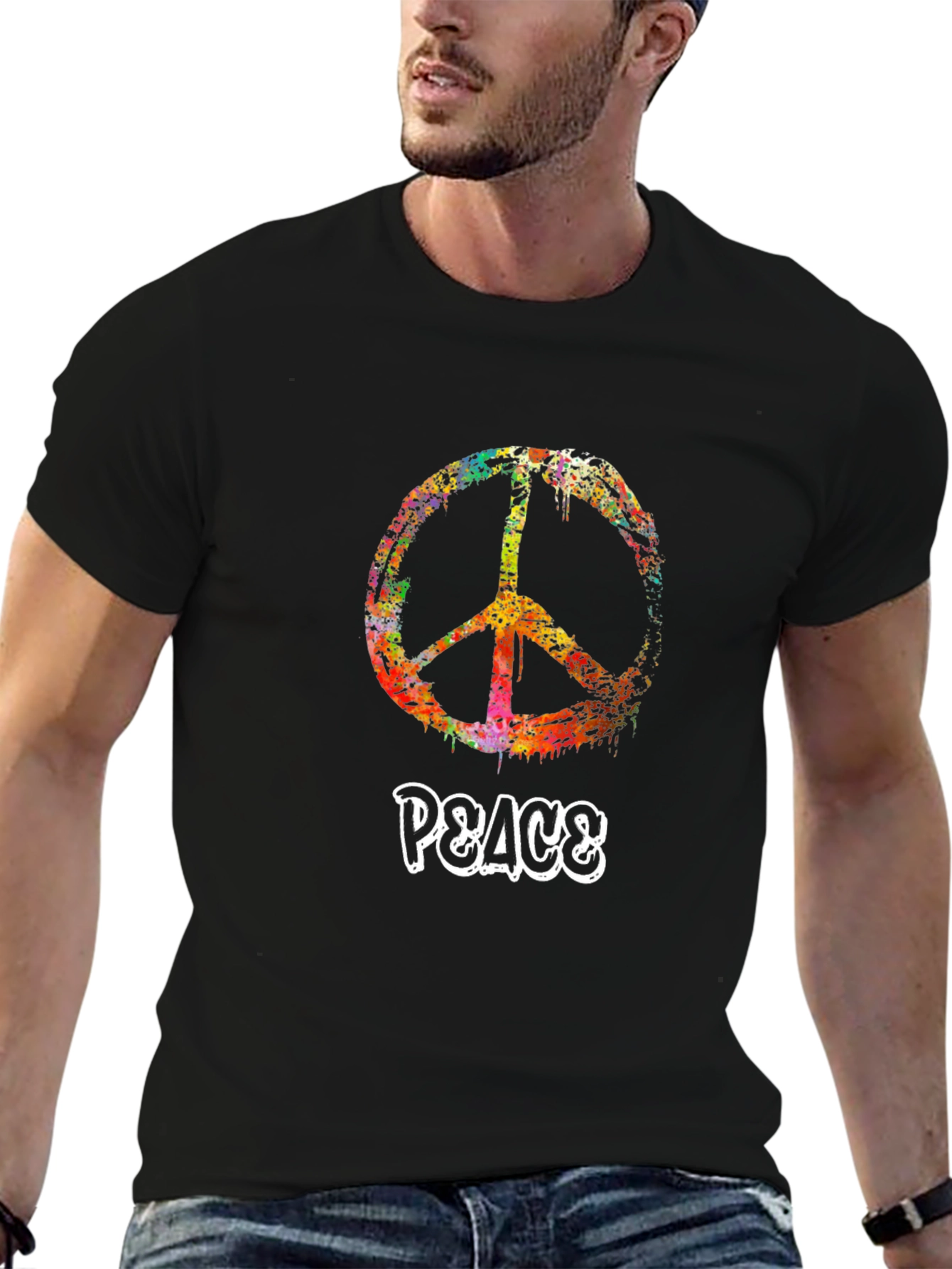Peace Sign Graphic Tee - Black Cotton Casual T-Shirt