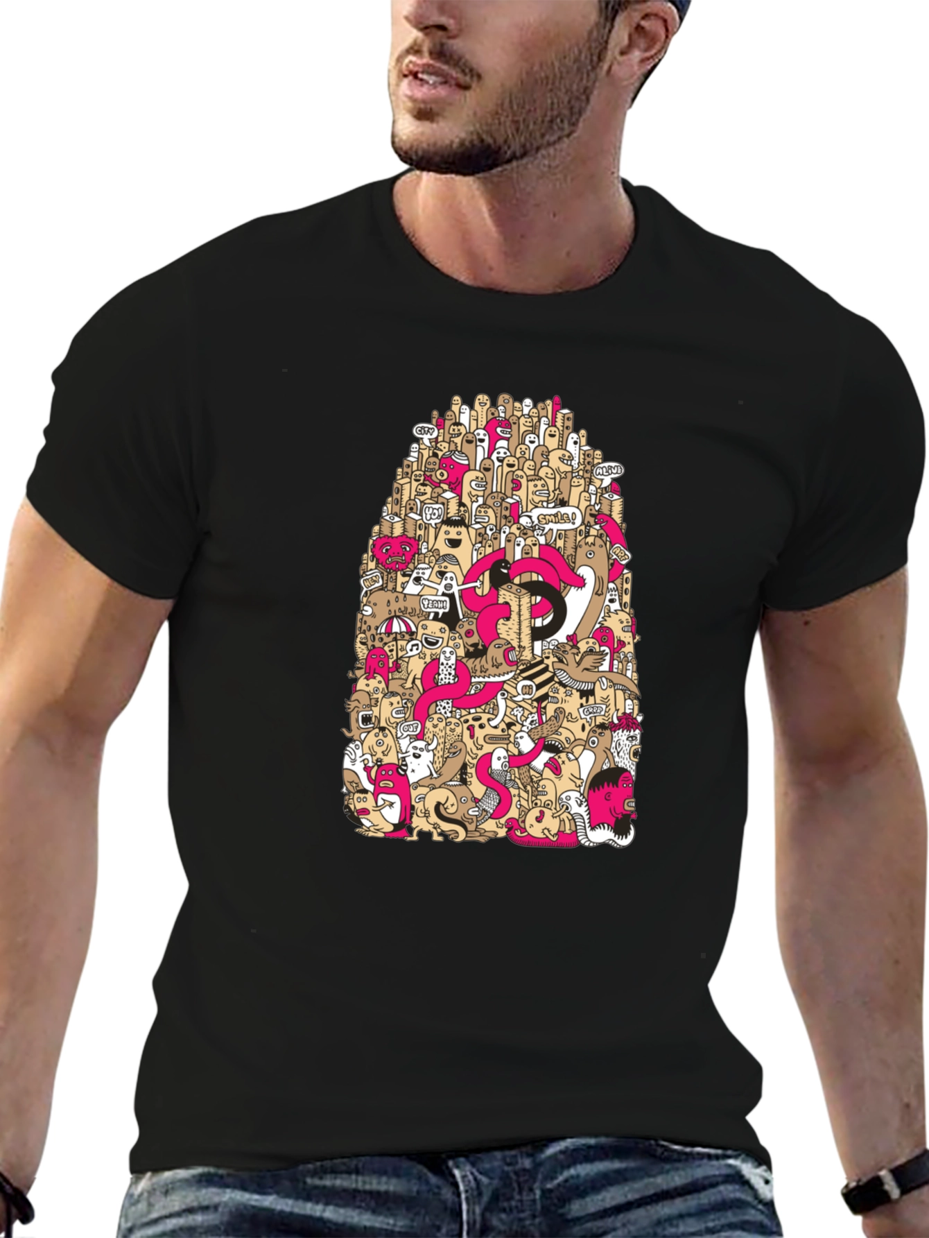 Doodle Art Graphic Print Black T-Shirt