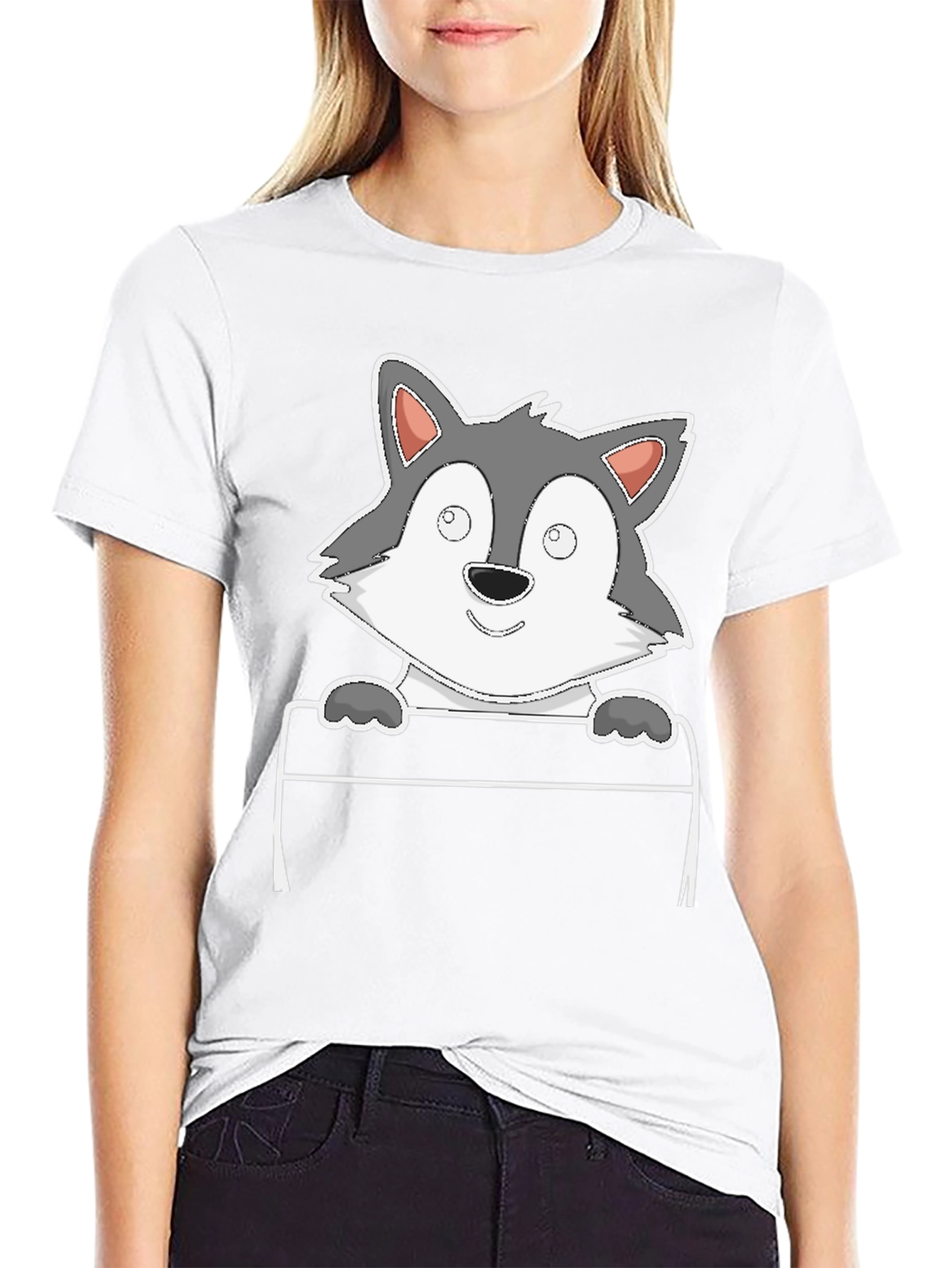 Cartoon Wolf Graphic Tee - Black
