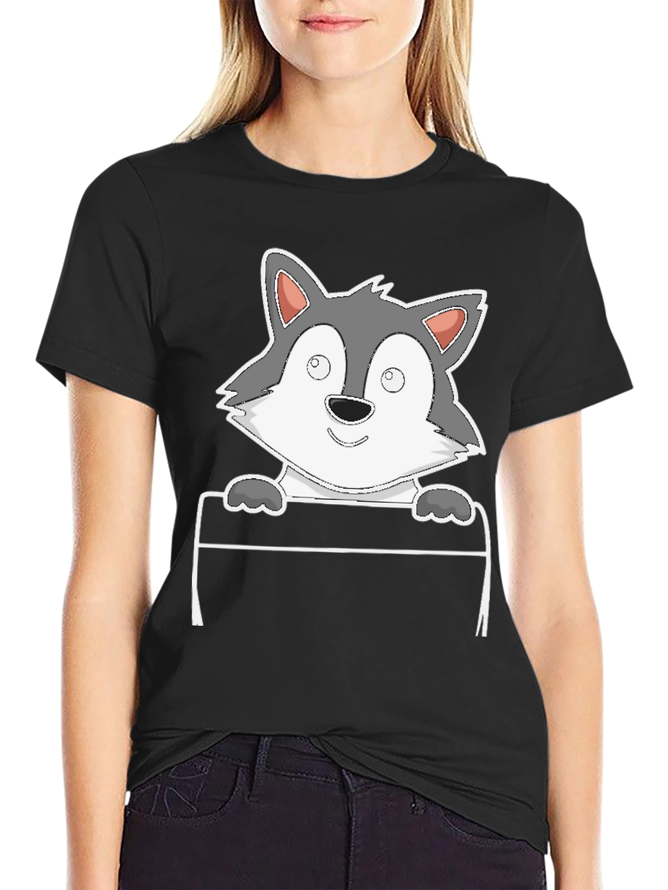 Cartoon Wolf Graphic Tee - Black