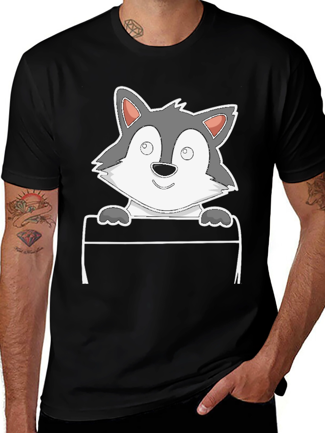 Cartoon Wolf Graphic Tee - Black