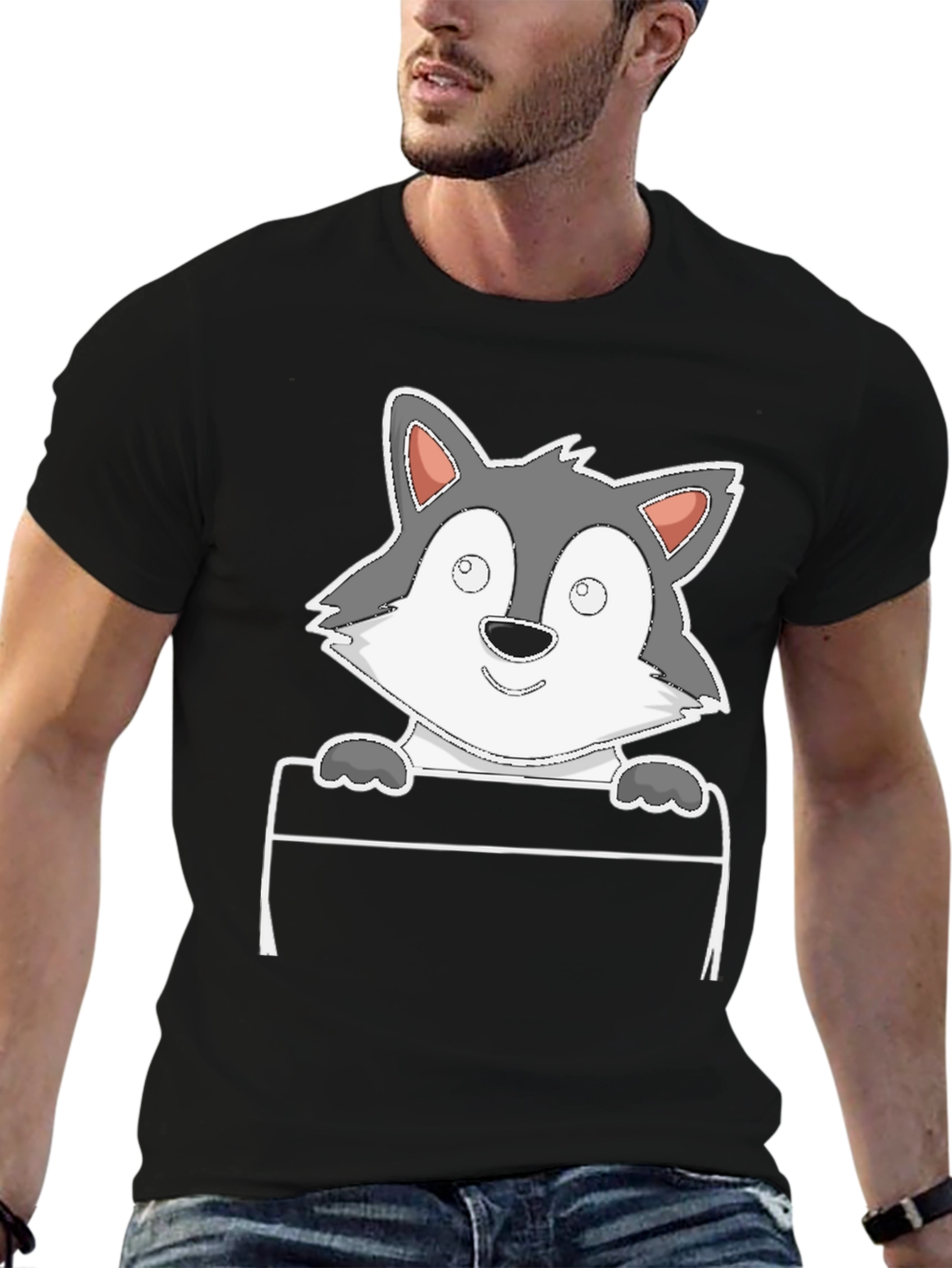 Cartoon Wolf Graphic Tee - Black