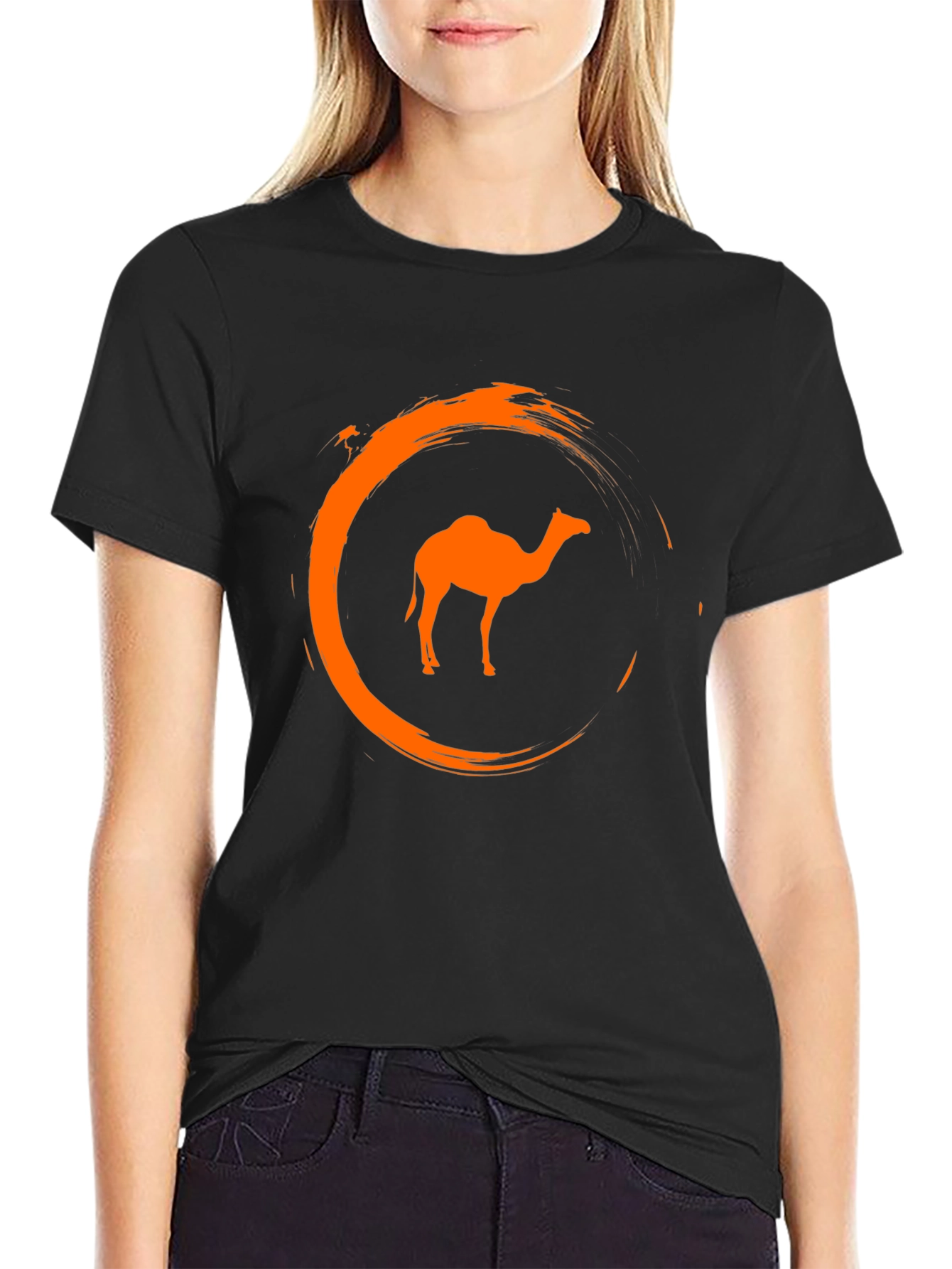 Camel Graphic Tee - Stylish Crew Neck Black T-Shirt
