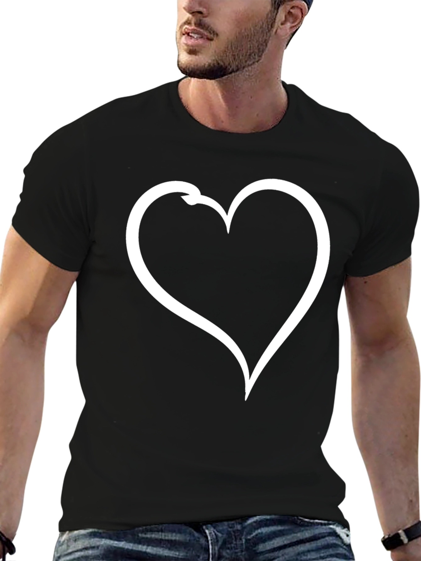Heart Outline Graphic Tee - Casual Black T-Shirt