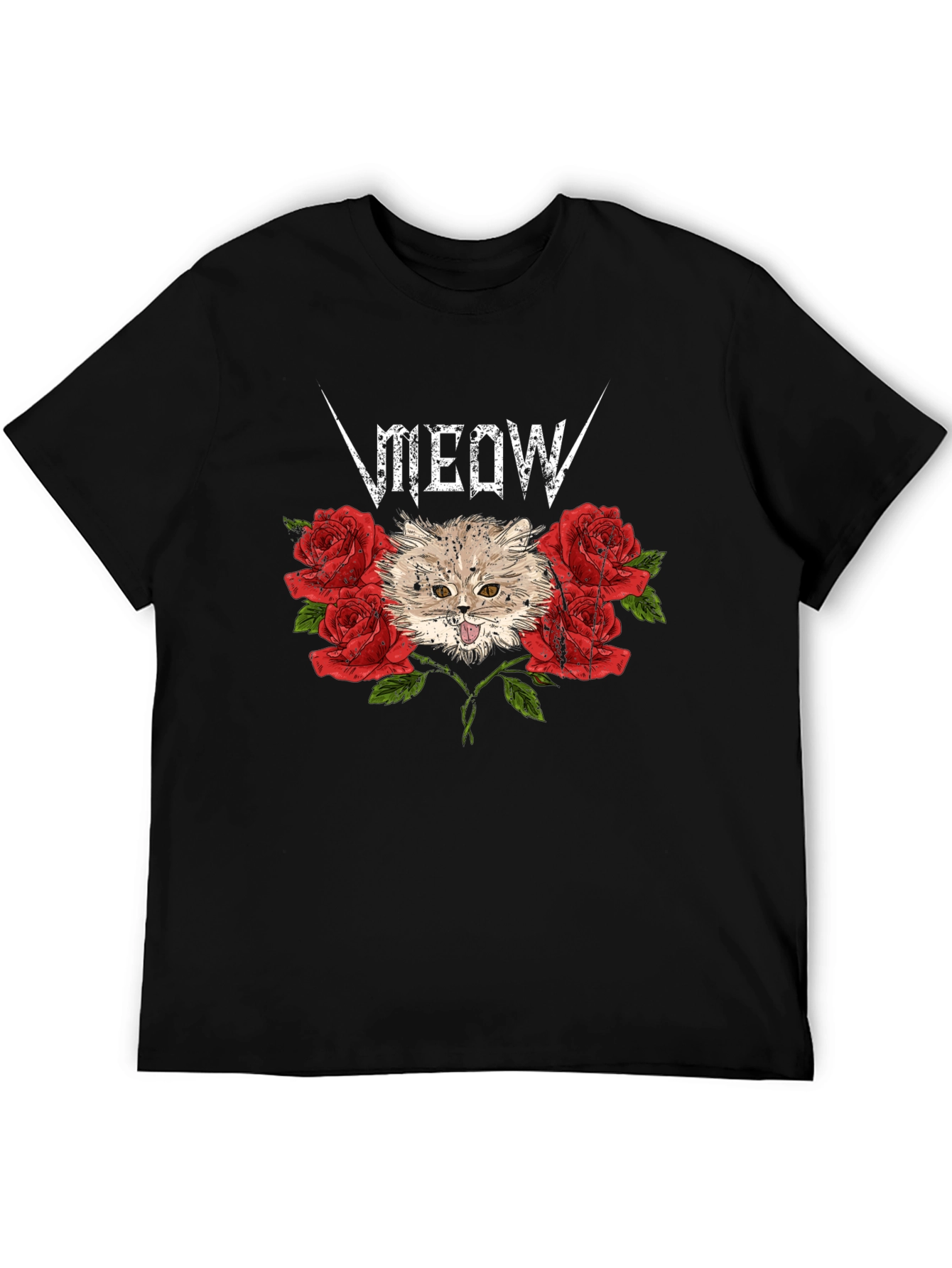 Meow Heavy Metal Cat & Roses Black T-Shirt