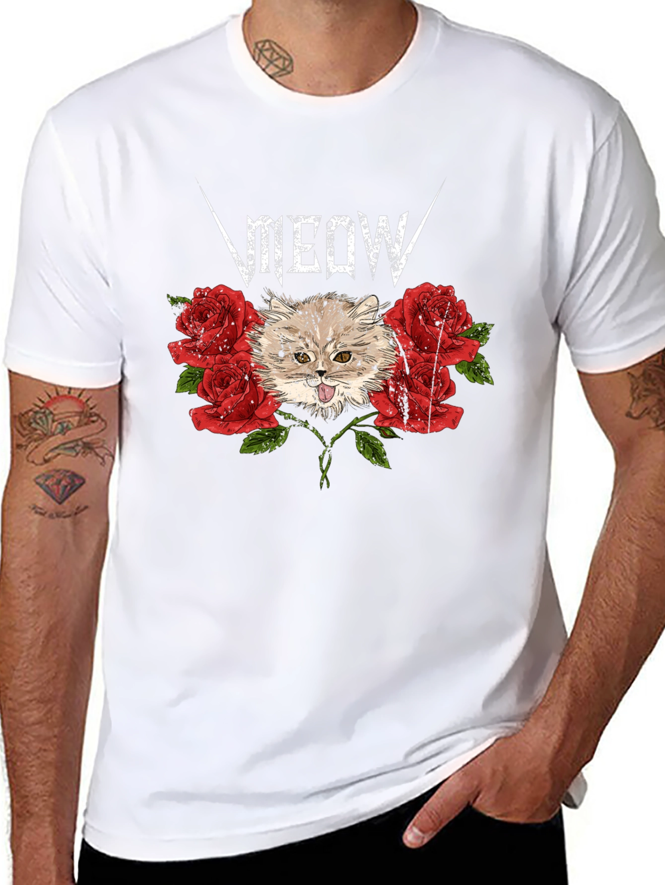 Meow Heavy Metal Cat & Roses Black T-Shirt