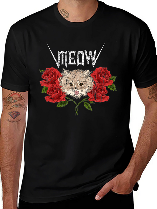 Meow Heavy Metal Cat & Roses Black T-Shirt