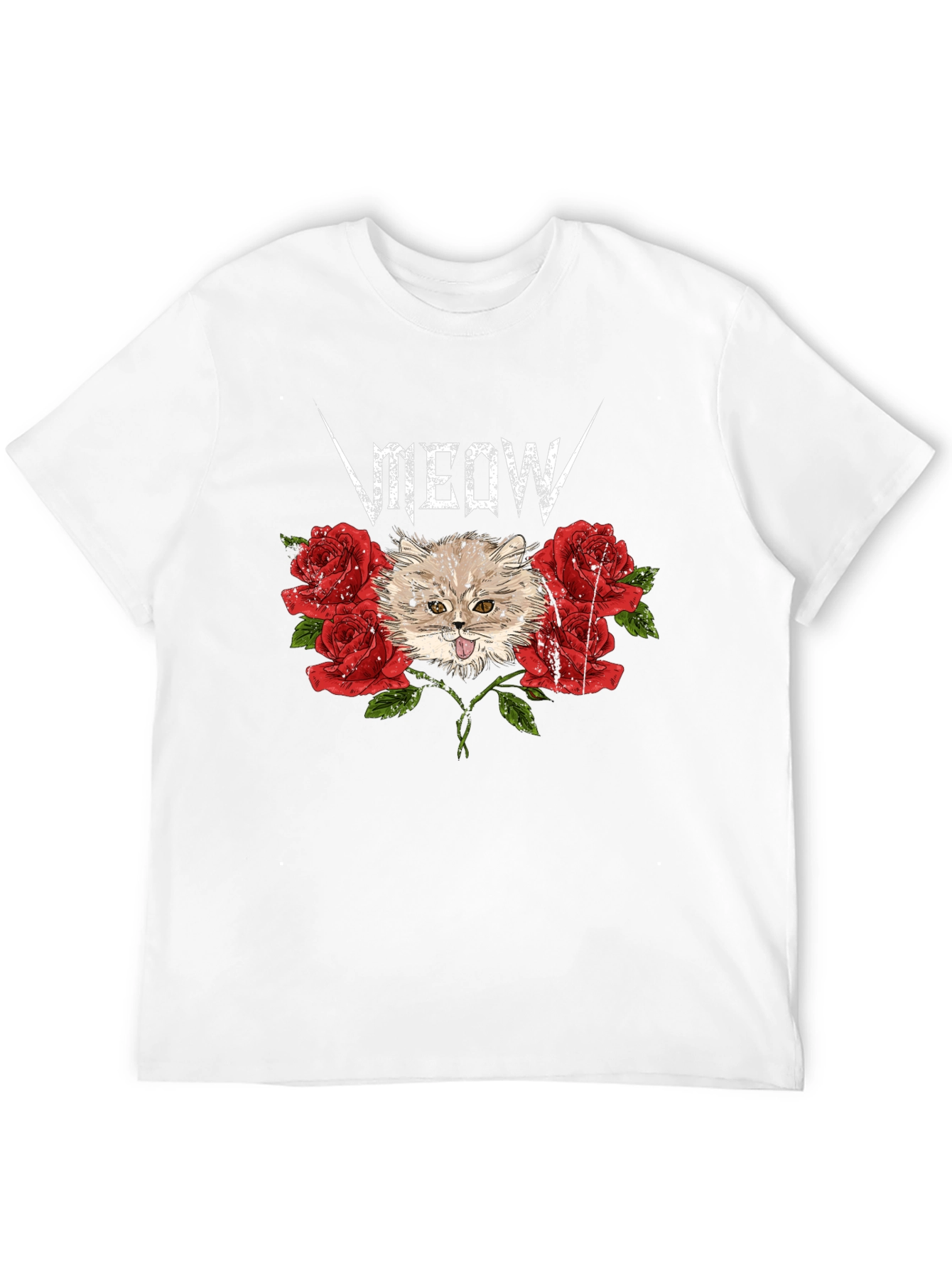 Meow Heavy Metal Cat & Roses Black T-Shirt