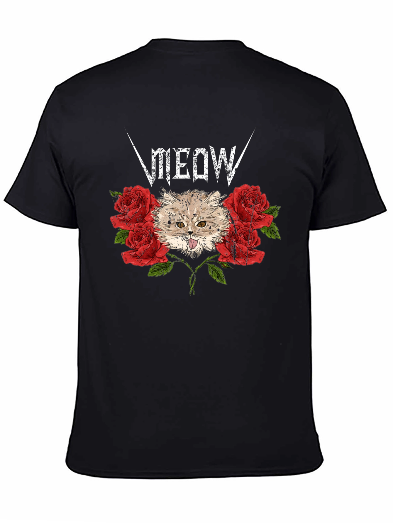 Meow Heavy Metal Cat & Roses Black T-Shirt