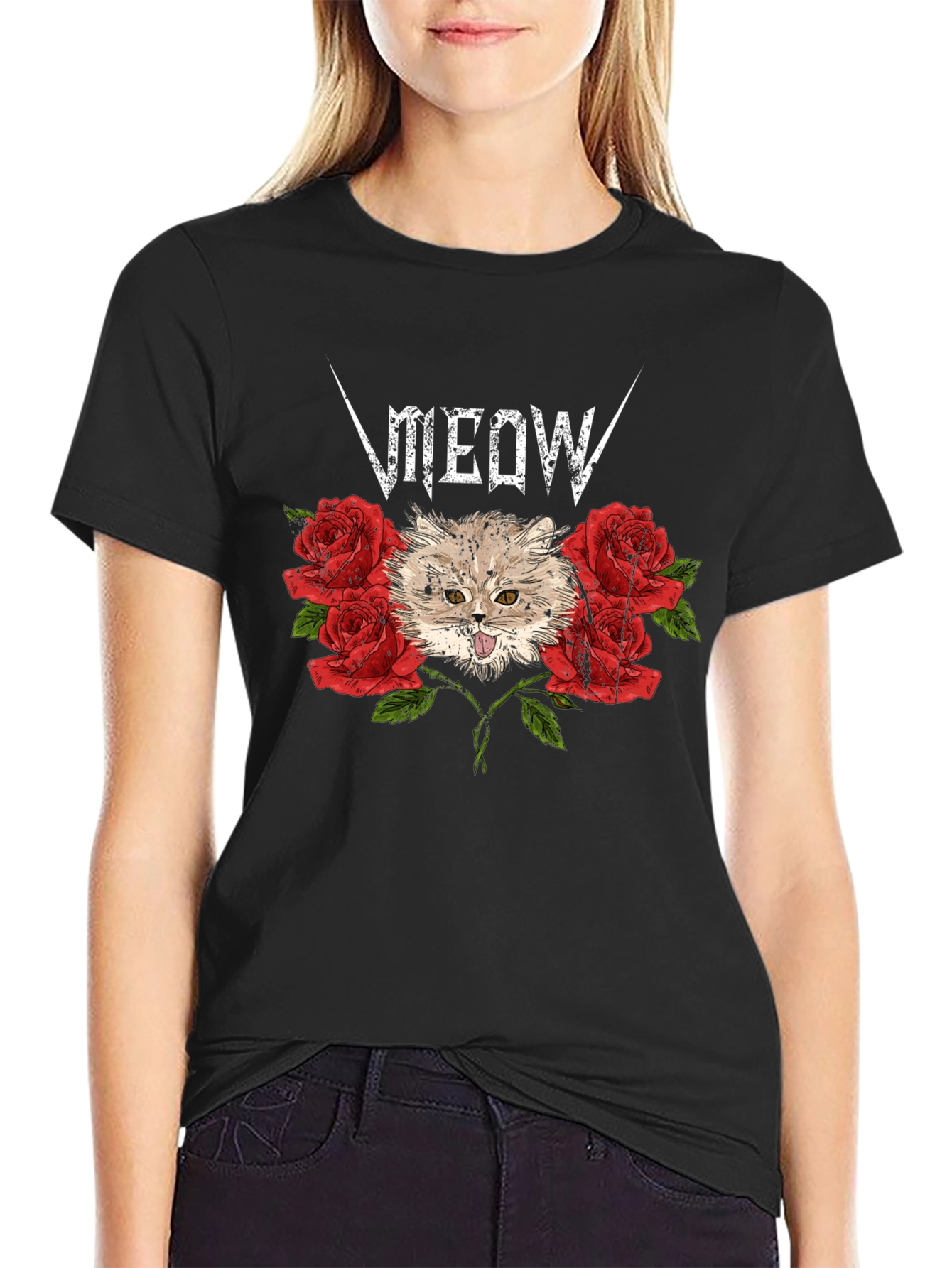 Meow Heavy Metal Cat & Roses Black T-Shirt
