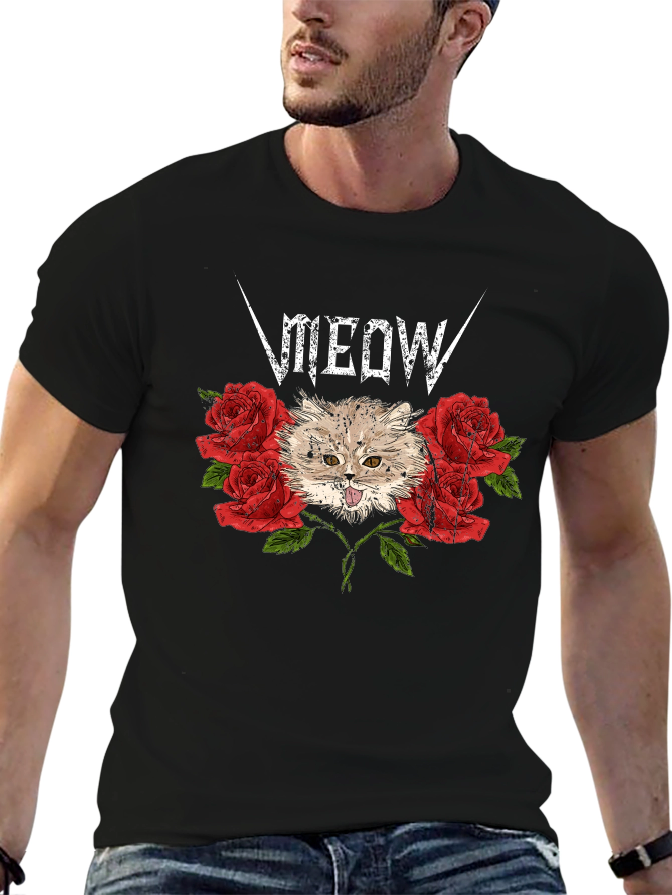 Meow Heavy Metal Cat & Roses Black T-Shirt