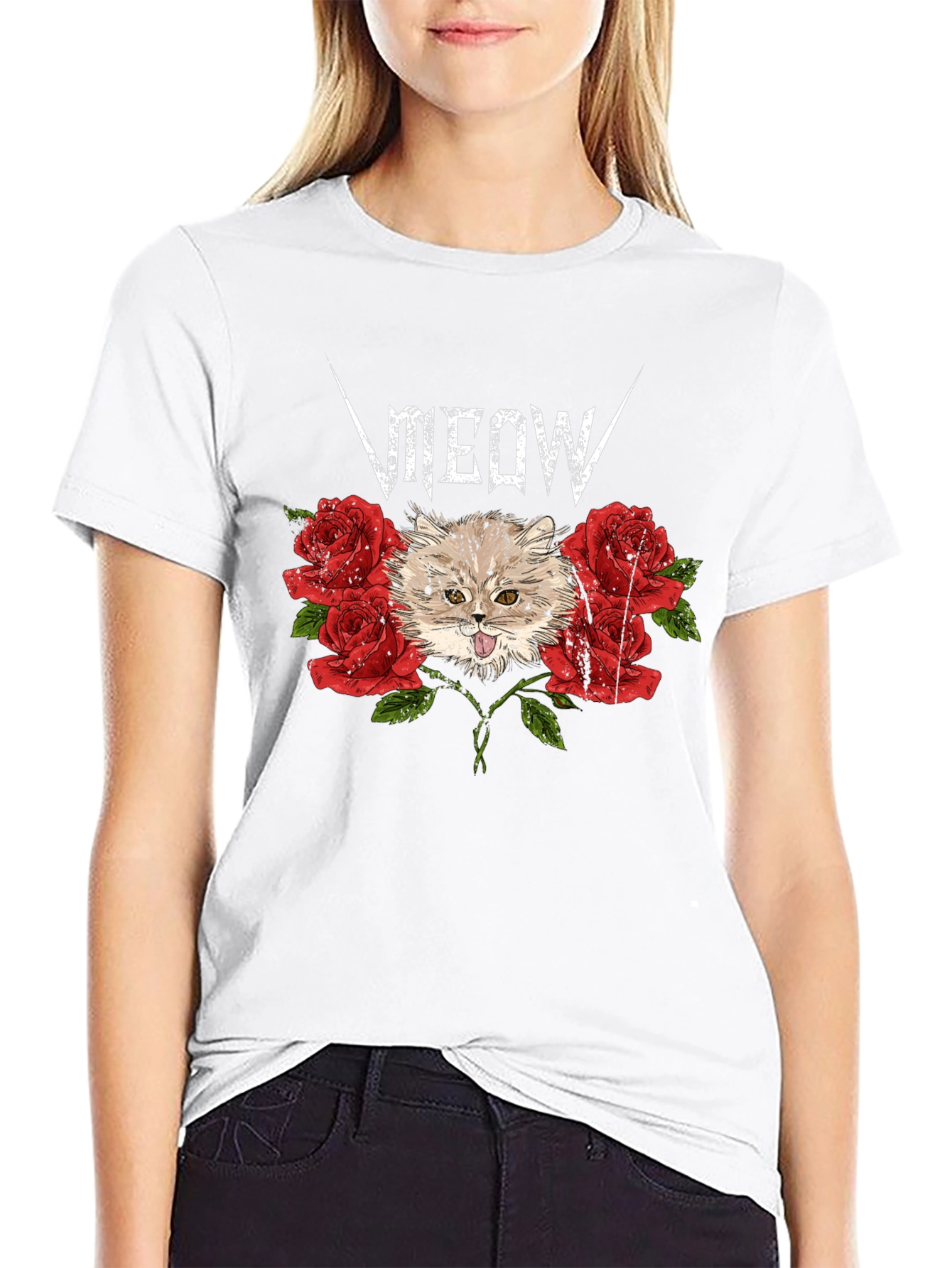 Meow Heavy Metal Cat & Roses Black T-Shirt
