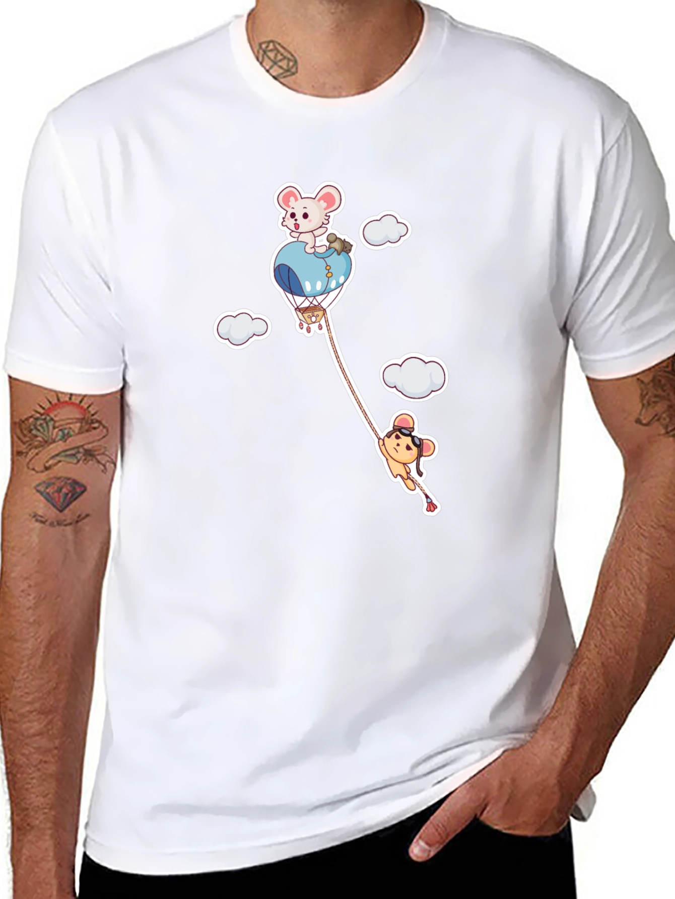 Cartoon Mouse Hot Air Balloon Black T-Shirt