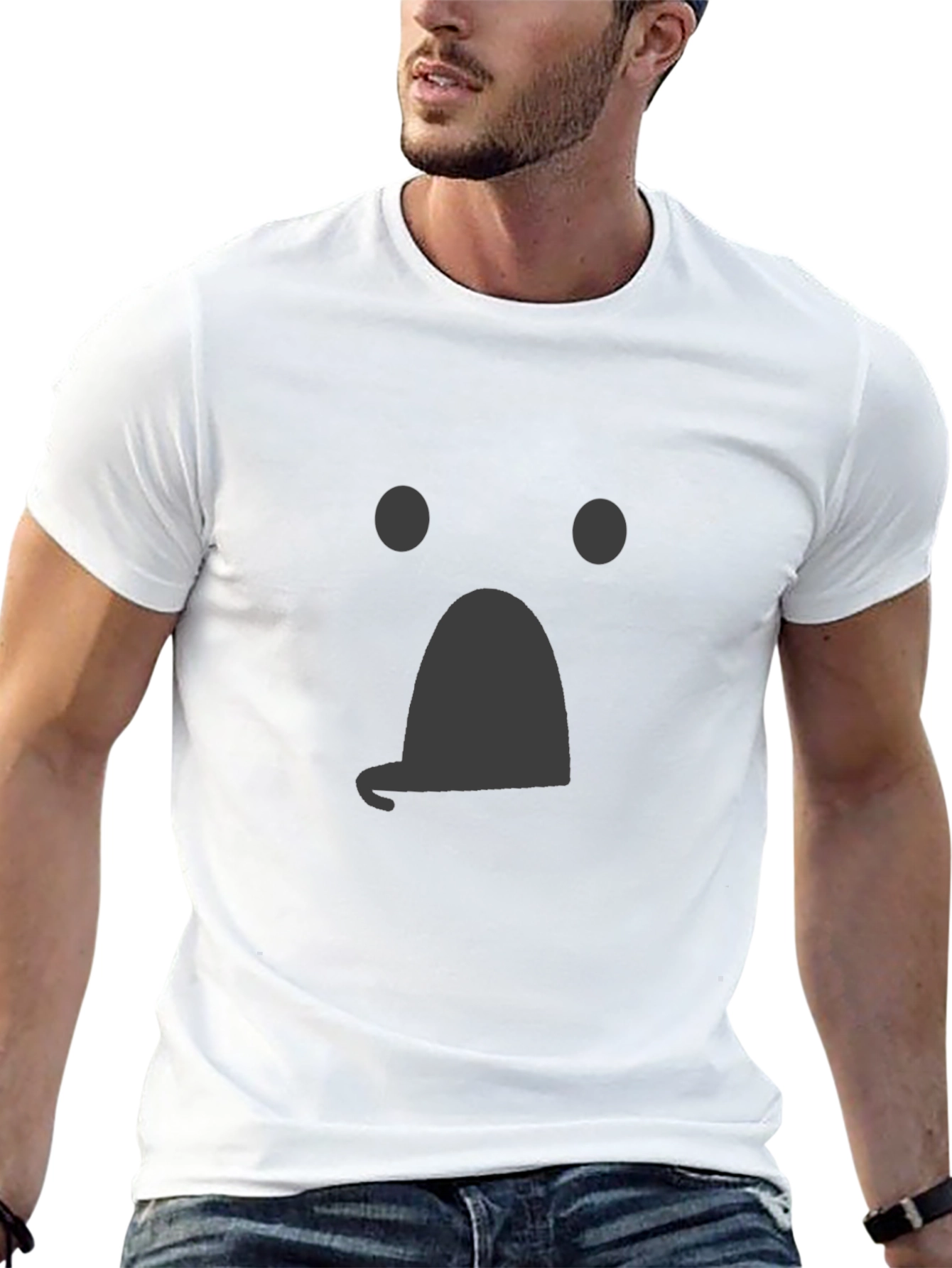 Whimsical Ghost Face Graphic Tee - Black Cotton Shirt