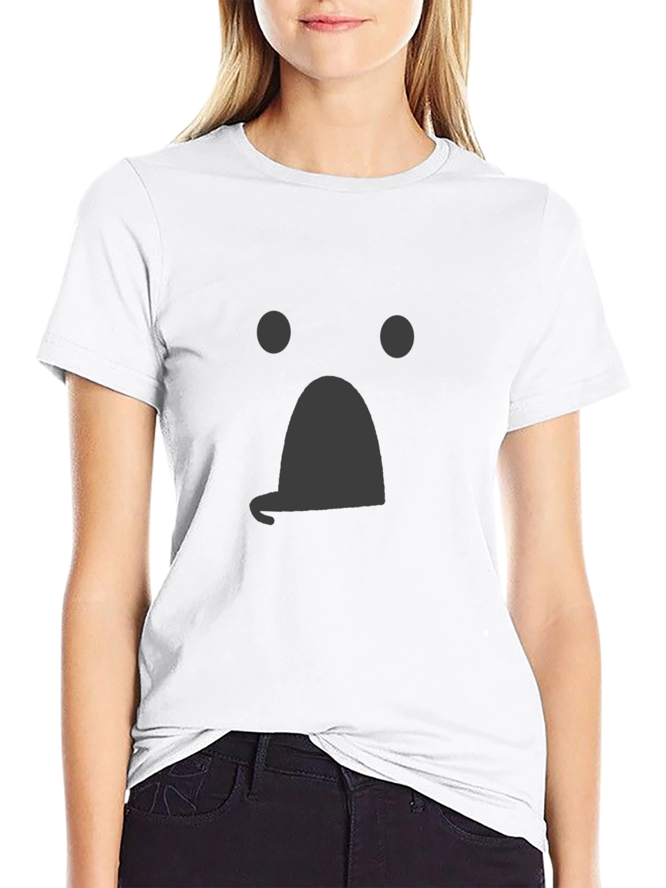 Whimsical Ghost Face Graphic Tee - Black Cotton Shirt