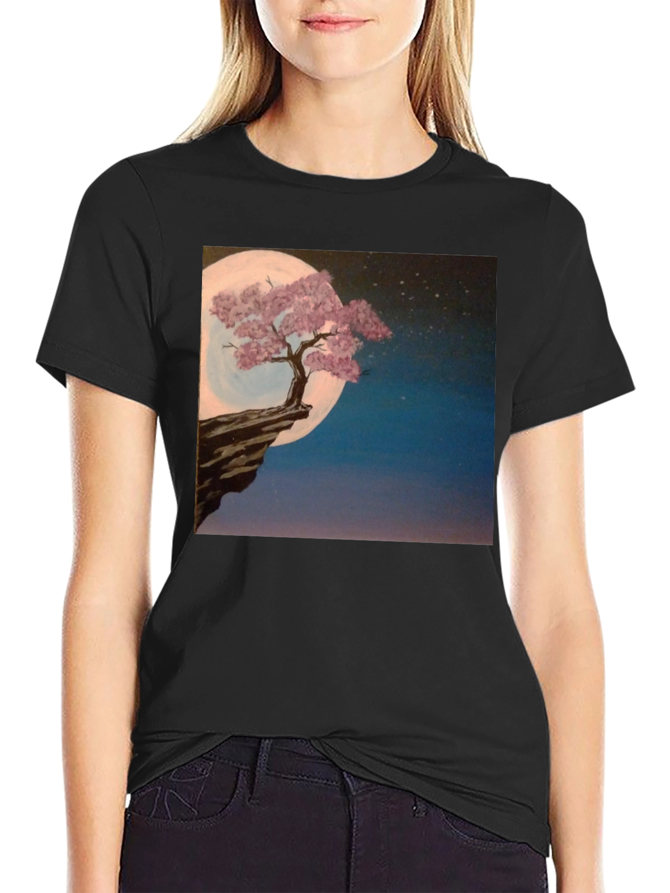 Moonlit Tree Graphic Tee - Black Cotton Blend