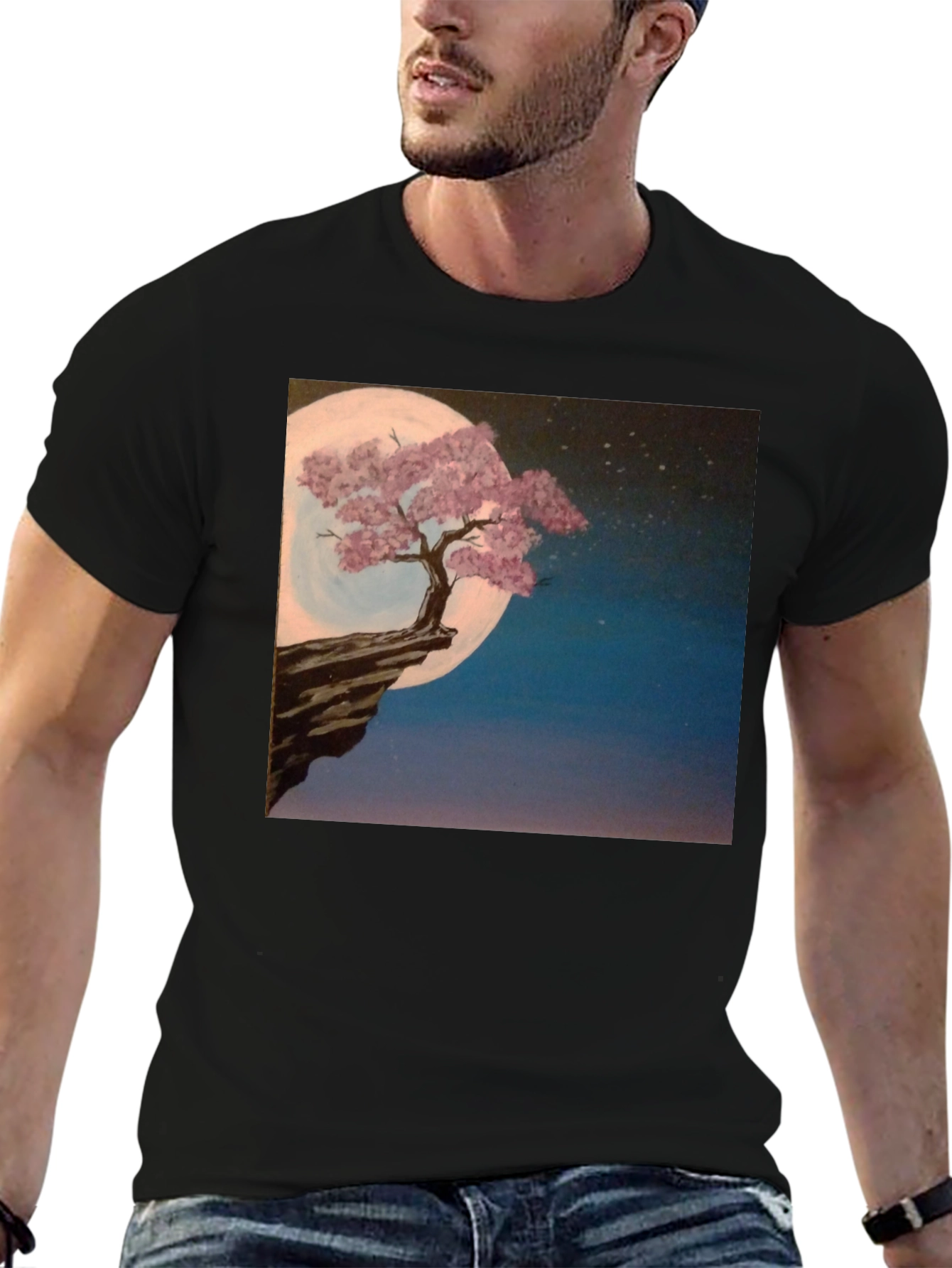Moonlit Tree Graphic Tee - Black Cotton Blend