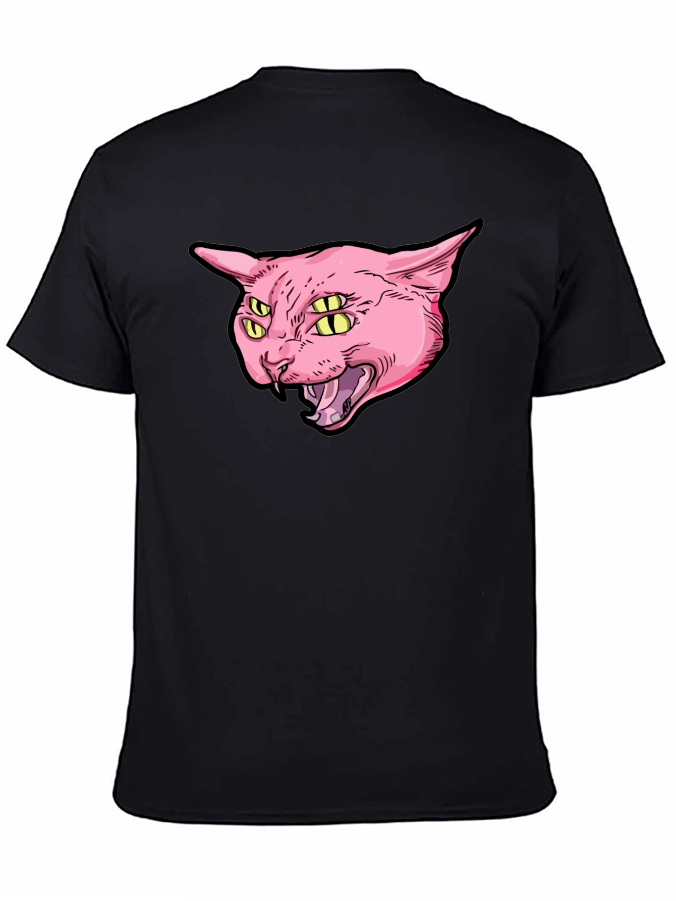 Four-Eyed Cat Graphic Print Black T-Shirt