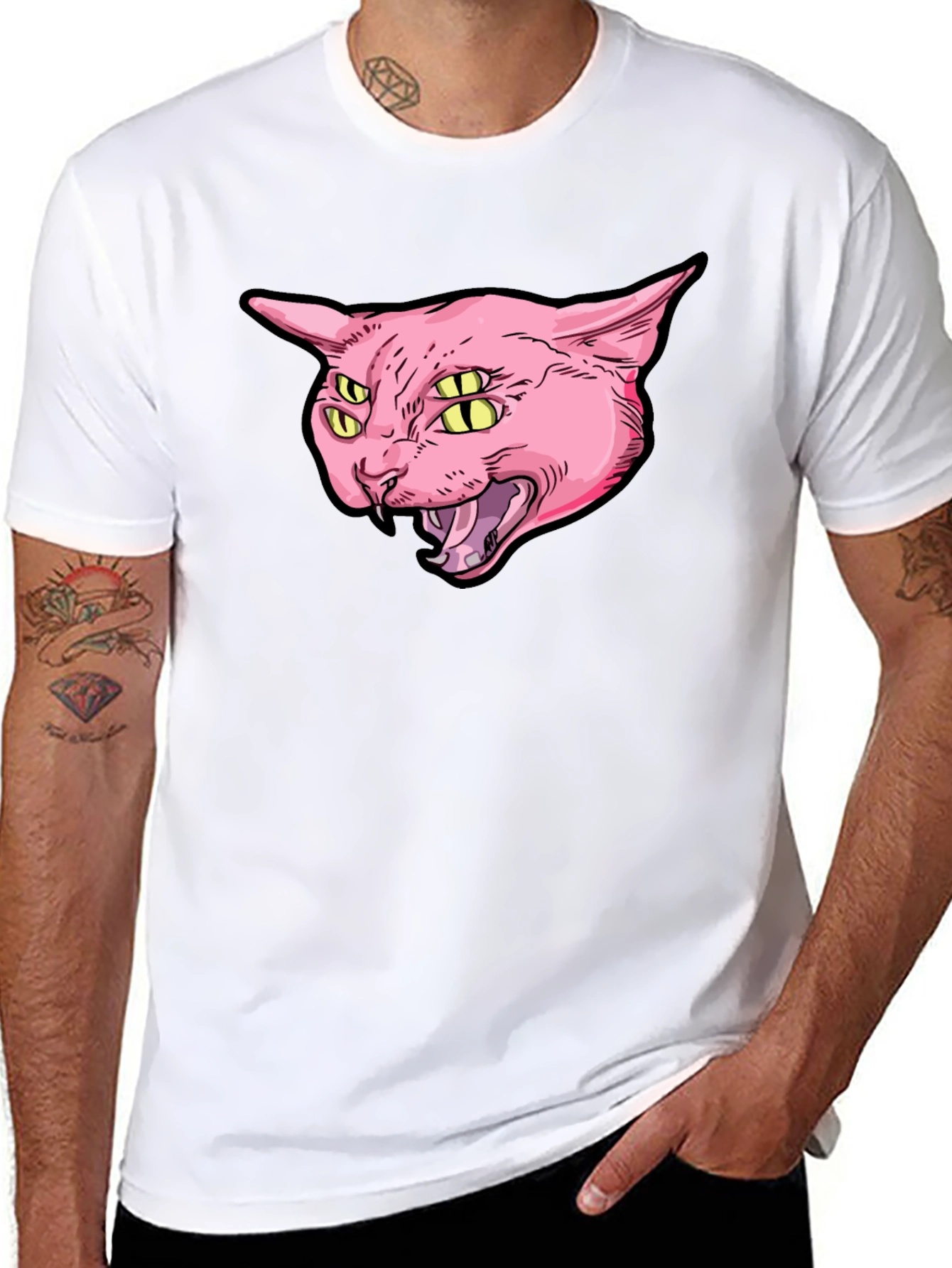 Four-Eyed Cat Graphic Print Black T-Shirt