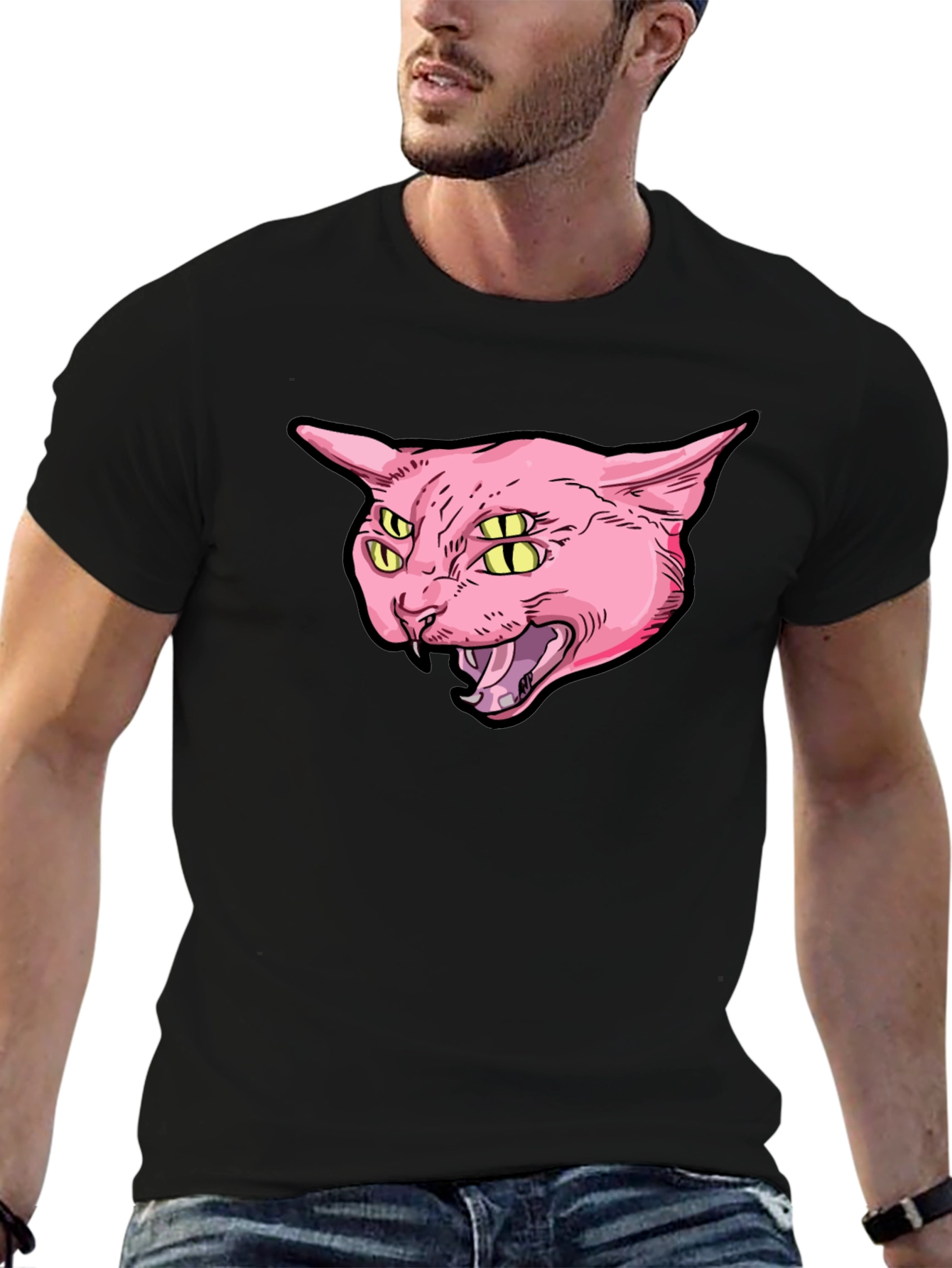 Four-Eyed Cat Graphic Print Black T-Shirt