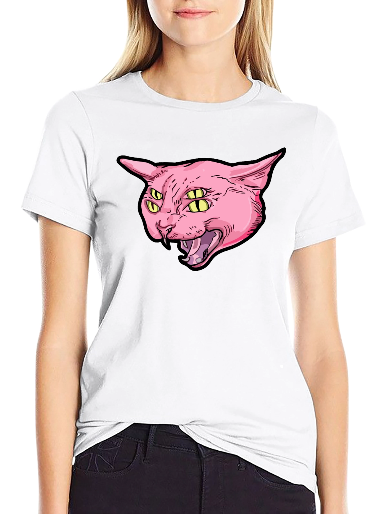 Four-Eyed Cat Graphic Print Black T-Shirt