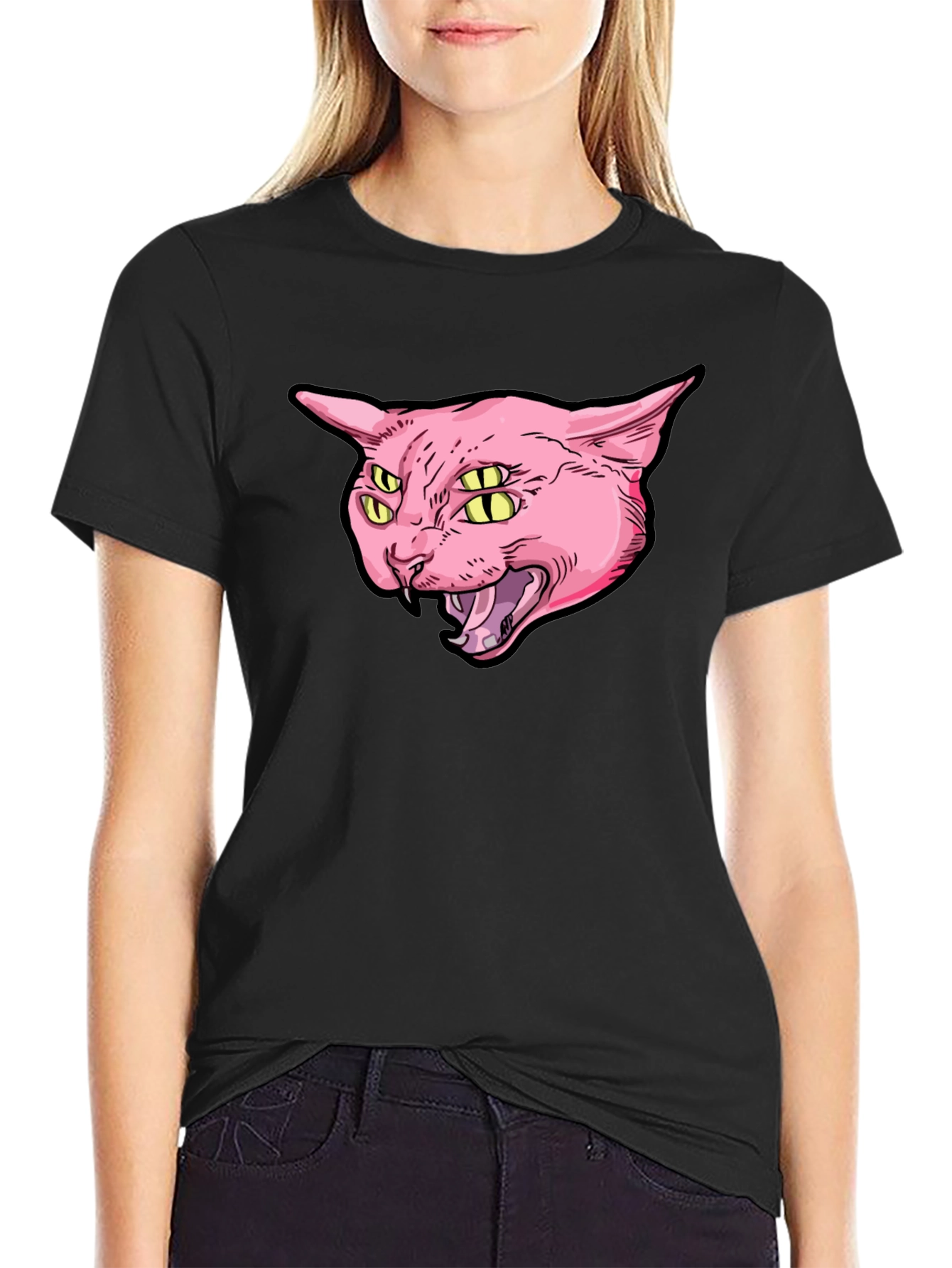 Four-Eyed Cat Graphic Print Black T-Shirt