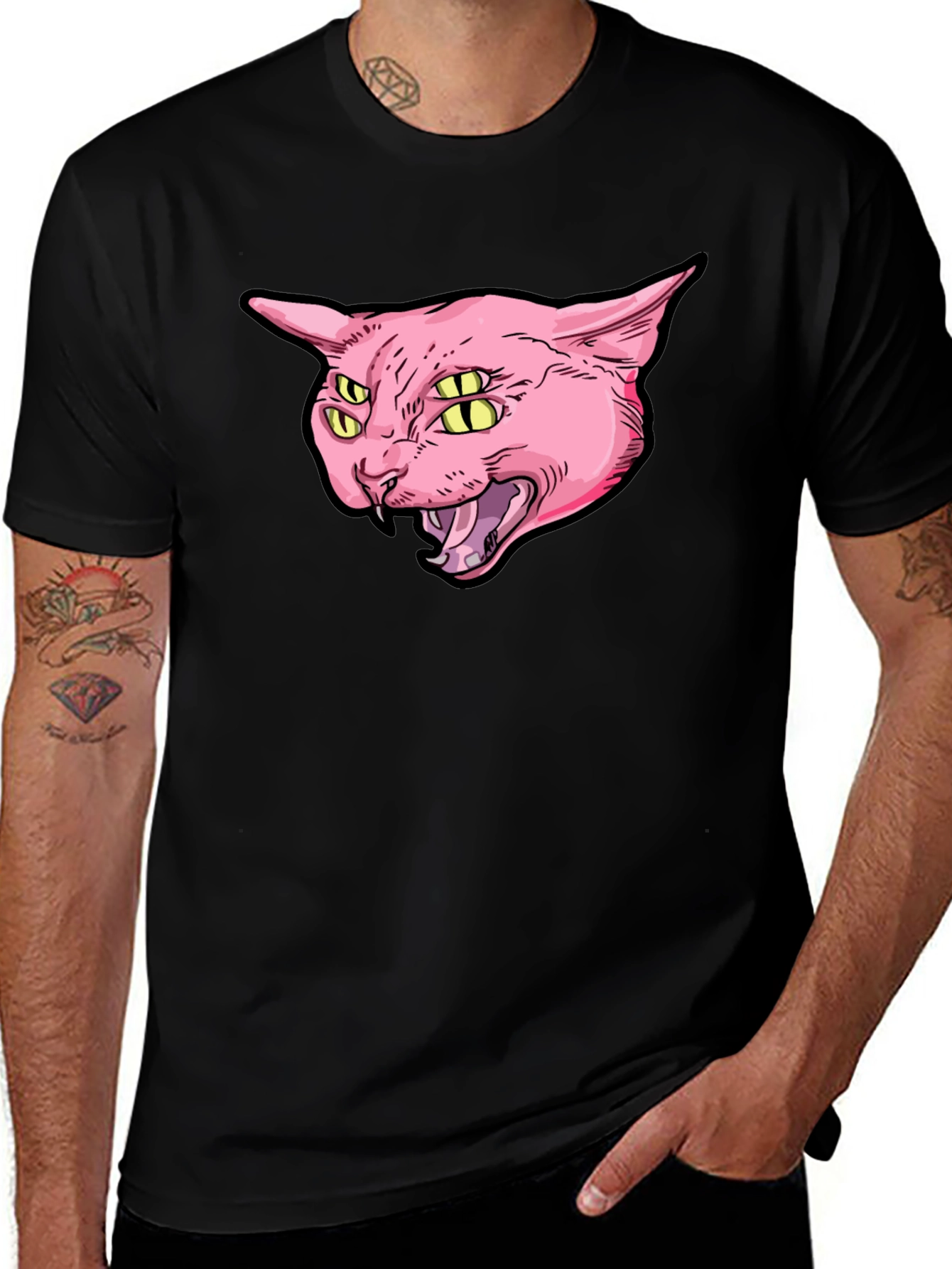 Four-Eyed Cat Graphic Print Black T-Shirt